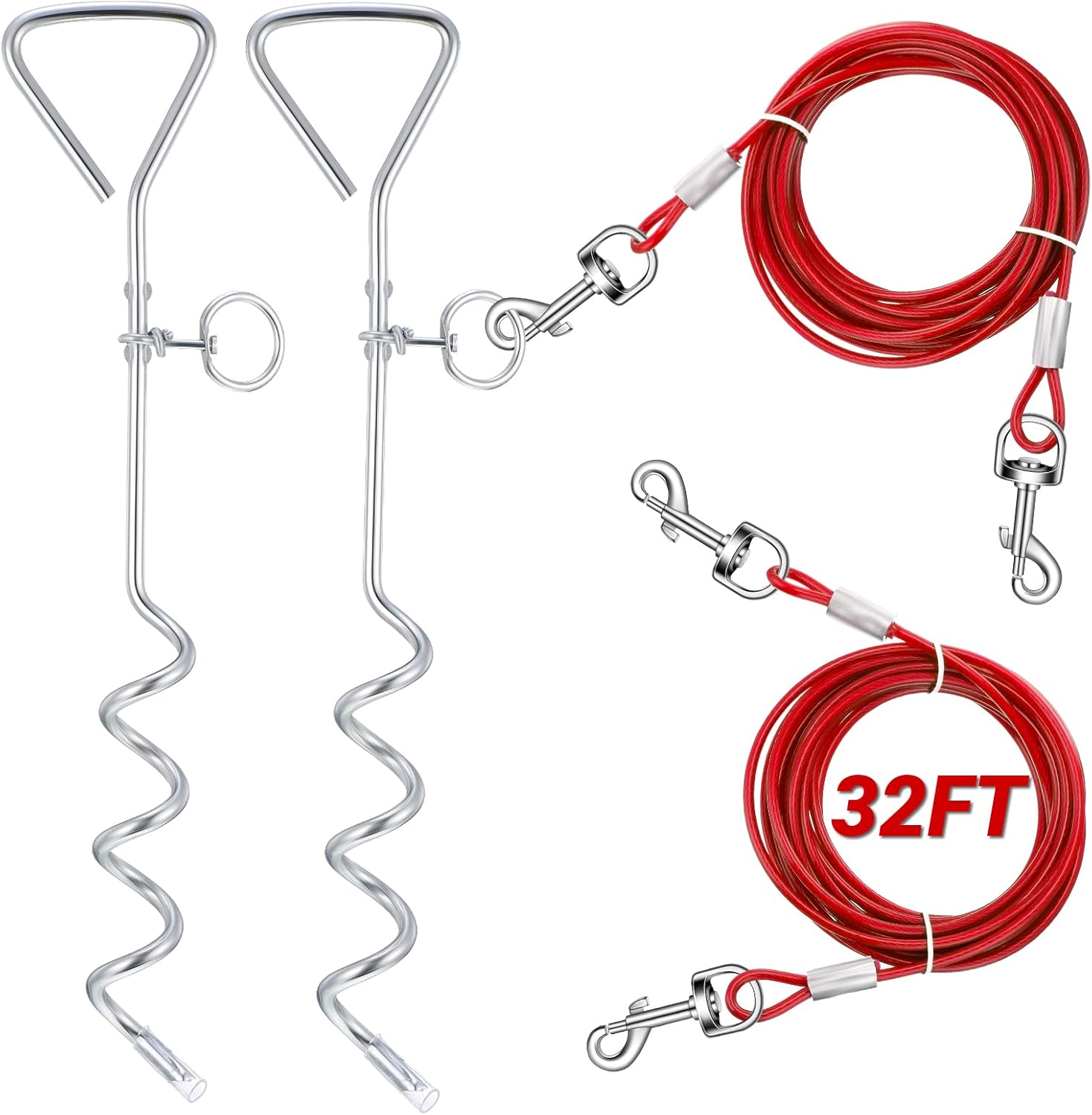 2 Set Dog Tie Out Cable and Stake - 30ft Leash Chain, 16" Spiral for Outside Yard Medium to Large Dogs up 125 Lbs Red Red