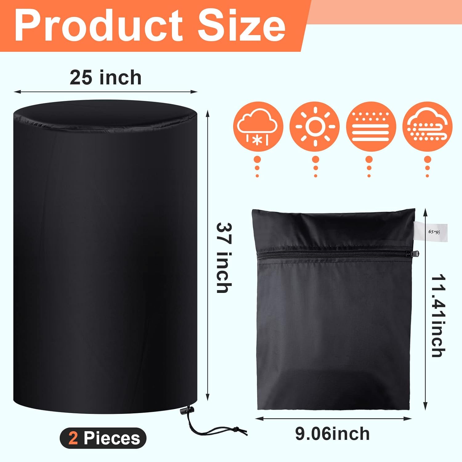 55 Gallon Drum Cover, 210D Oxford Cloth Water Storage Barrel 25 x 37 Inch Outdoor Waterproof Rain Snow Bucket lid with Drawstring, UV Protection, Anti Dust 2 Pcs