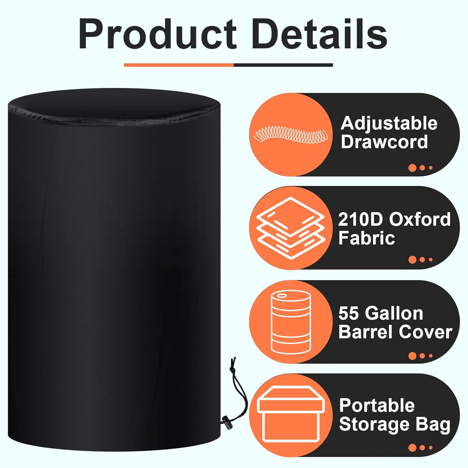 55 Gallon Drum Cover, 210D Oxford Cloth Water Storage Barrel 25 x 37 Inch Outdoor Waterproof Rain Snow Bucket lid with Drawstring, UV Protection, Anti Dust 2 Pcs