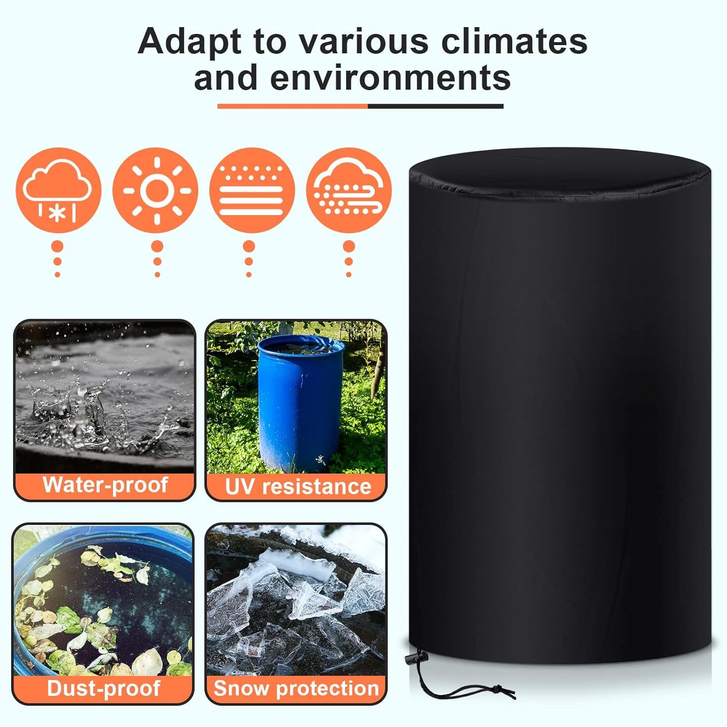 55 Gallon Drum Cover, 210D Oxford Cloth Water Storage Barrel 25 x 37 Inch Outdoor Waterproof Rain Snow Bucket lid with Drawstring, UV Protection, Anti Dust 2 Pcs