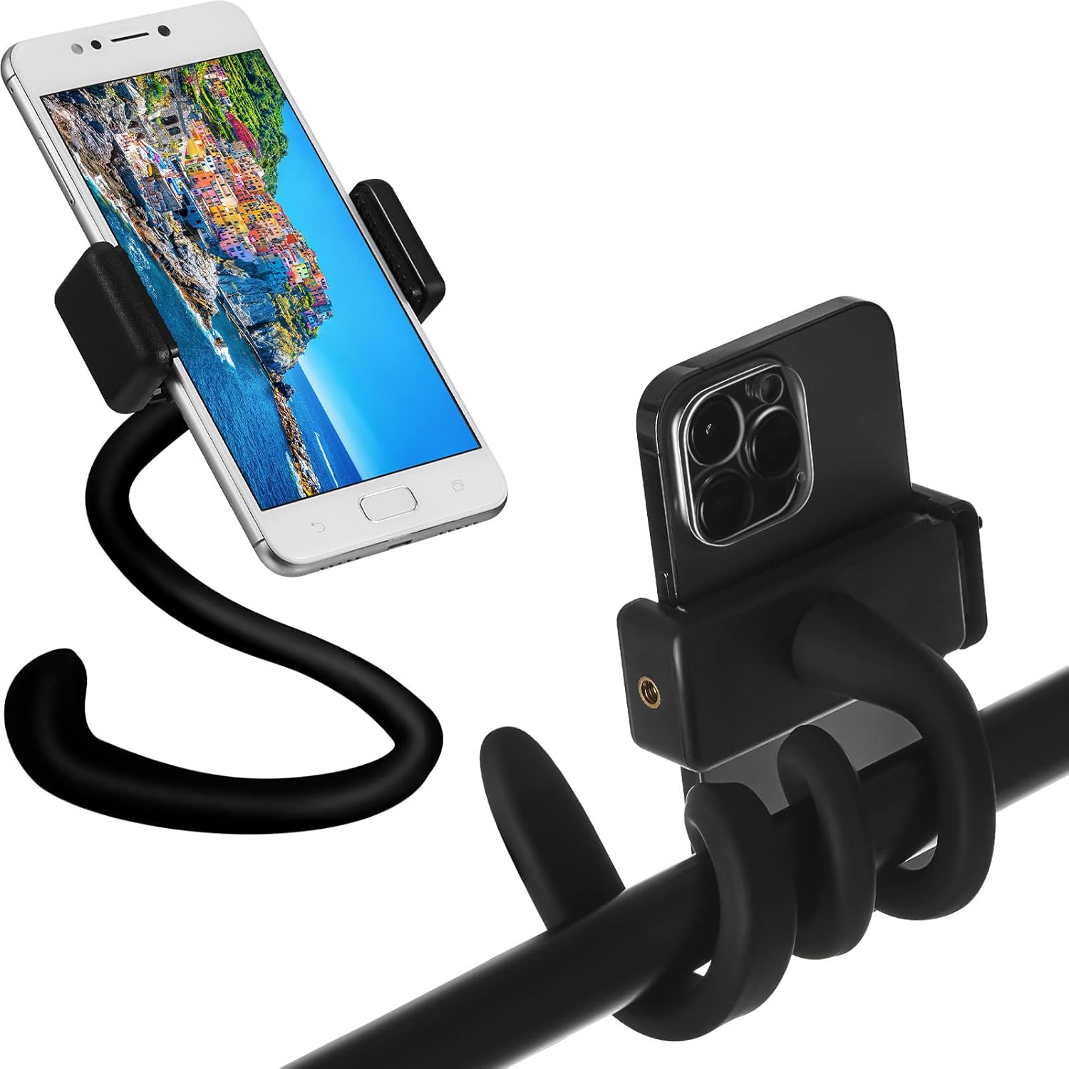 2 Pcs Stroller Phone Holder Portable Cell Stand Universal Accessories for Parent Baby Toddler Cellphone Clamp with Non Slip Silicone Arm Grip Black,Novel Black