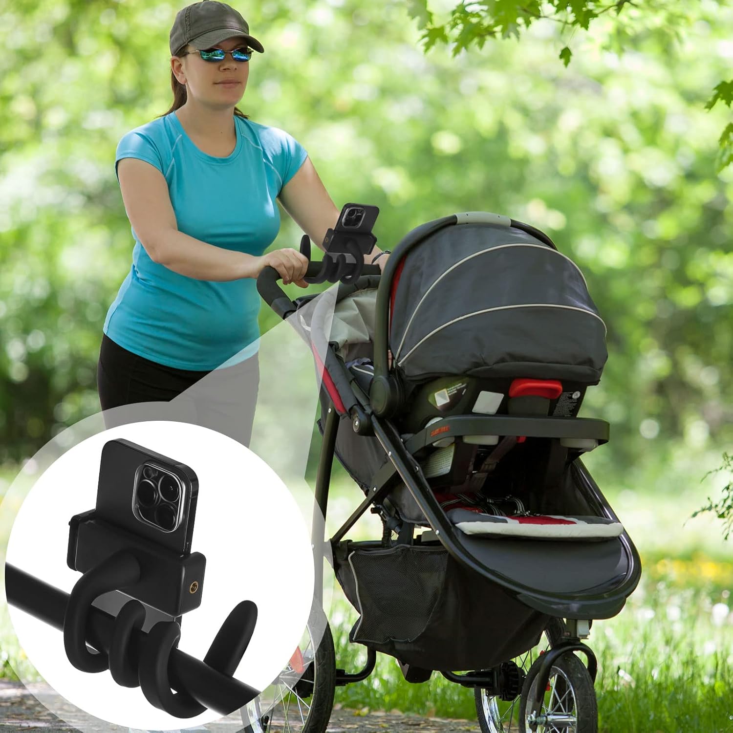 2 Pcs Stroller Phone Holder Portable Cell Stand Universal Accessories for Parent Baby Toddler Cellphone Clamp with Non Slip Silicone Arm Grip Black,Novel Black