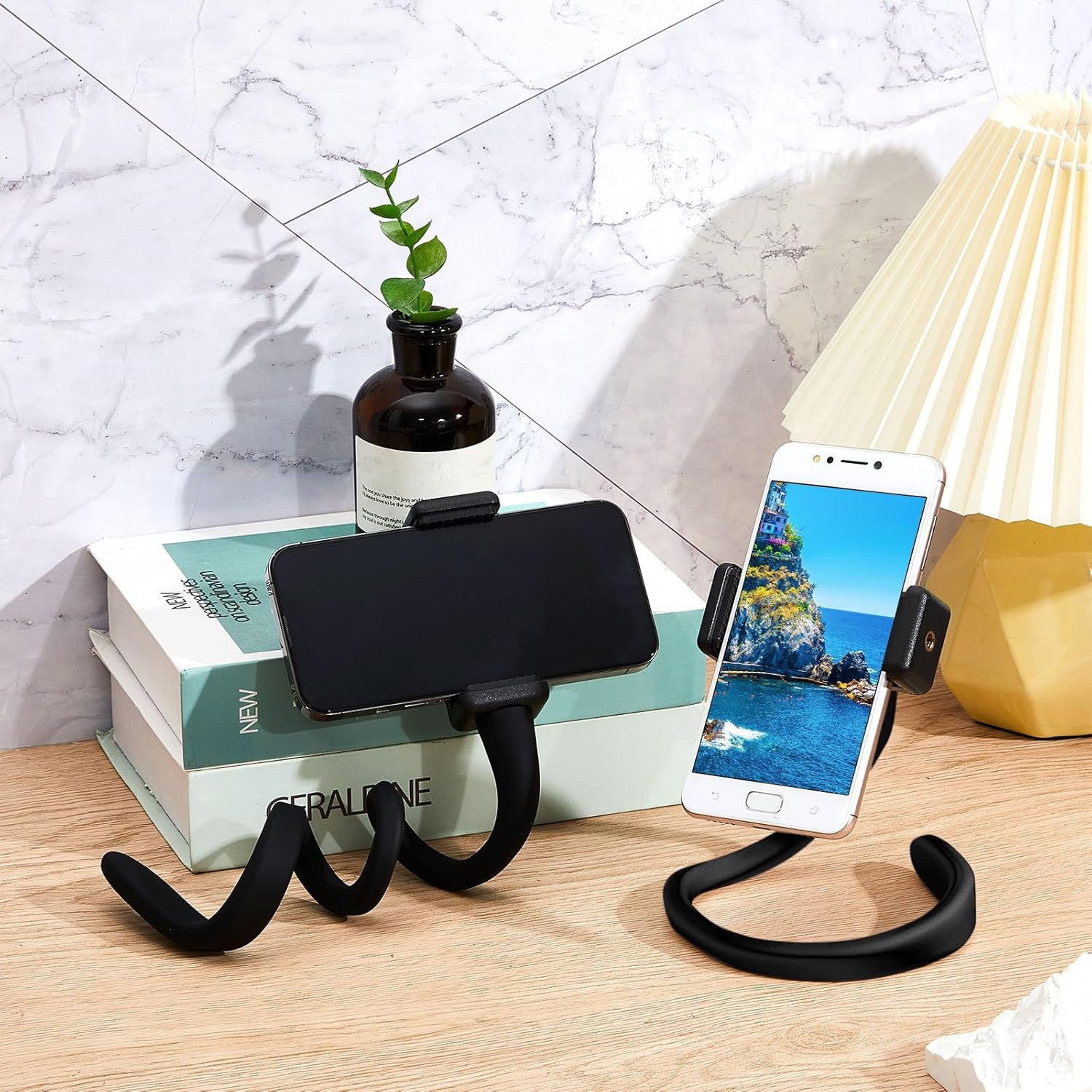 2 Pcs Stroller Phone Holder Portable Cell Stand Universal Accessories for Parent Baby Toddler Cellphone Clamp with Non Slip Silicone Arm Grip Black,Novel Black