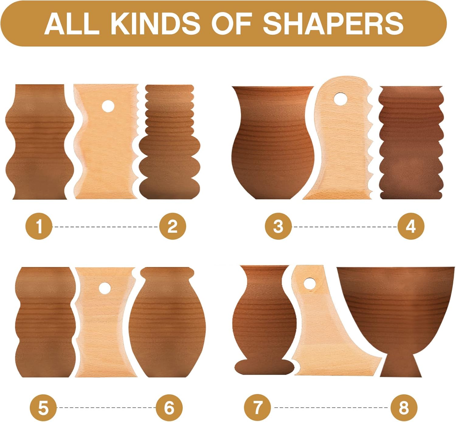7 pcs Big Size Pottery Foot Shaper Tools Trimming Ceramics Profile Rib Bundle for Carving Clay Molds Ceramics, Beech Wood
