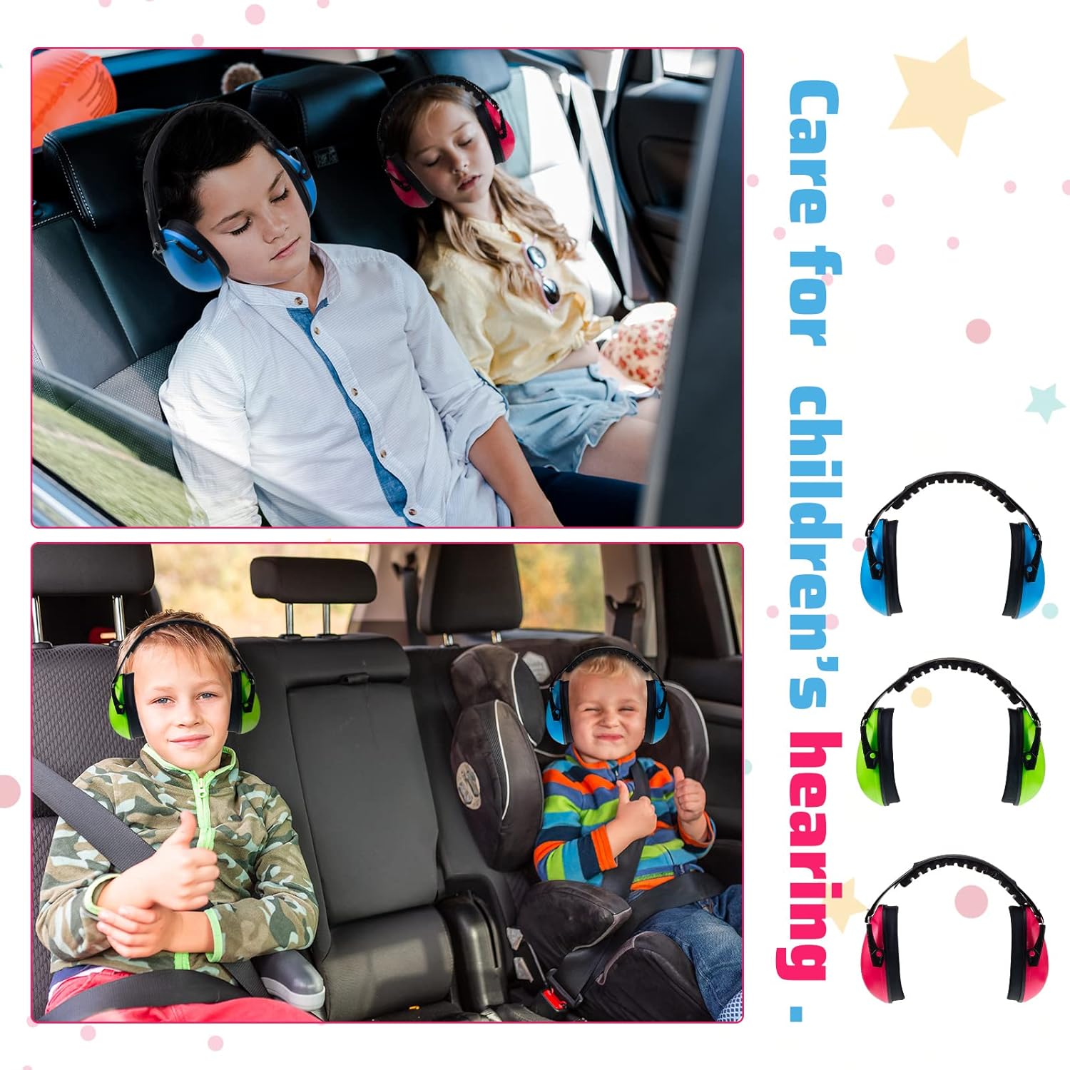 6 Pcs Noise Cancelling Headphones Kids Adult Ear Muffs Bulk, Protection 27db Reduction Hearing Earmuff Novel Style,Green Pink Blue Green Blue