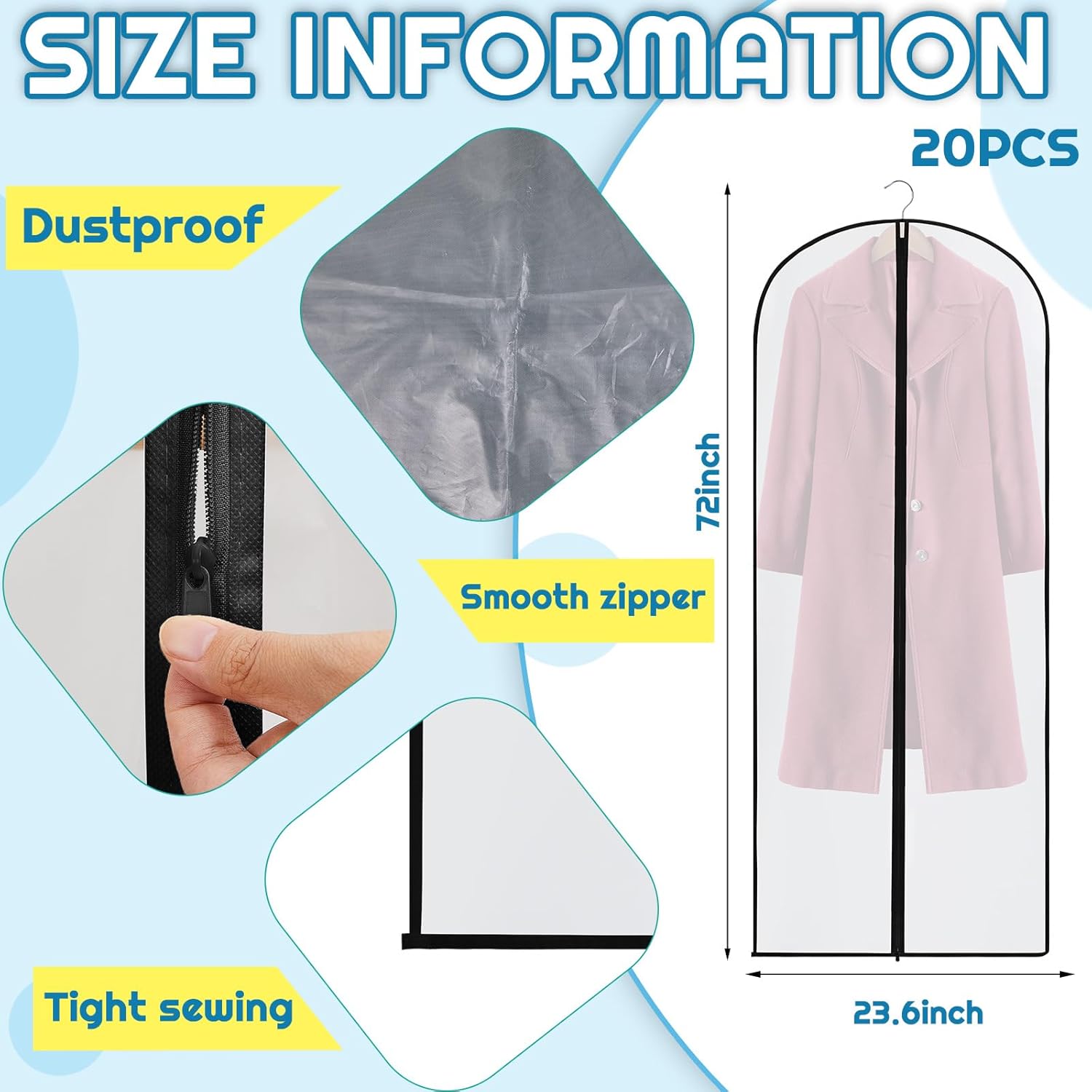 20 Pcs 24 x 72 Inch Garment Bags Bulk Hanging Clothes Storage Covers for Closet Organization Dustproof Transparent Dress Suit Bag Set Wedding Dresses Long Gowns Coats Seasonal Wardrobe White Black