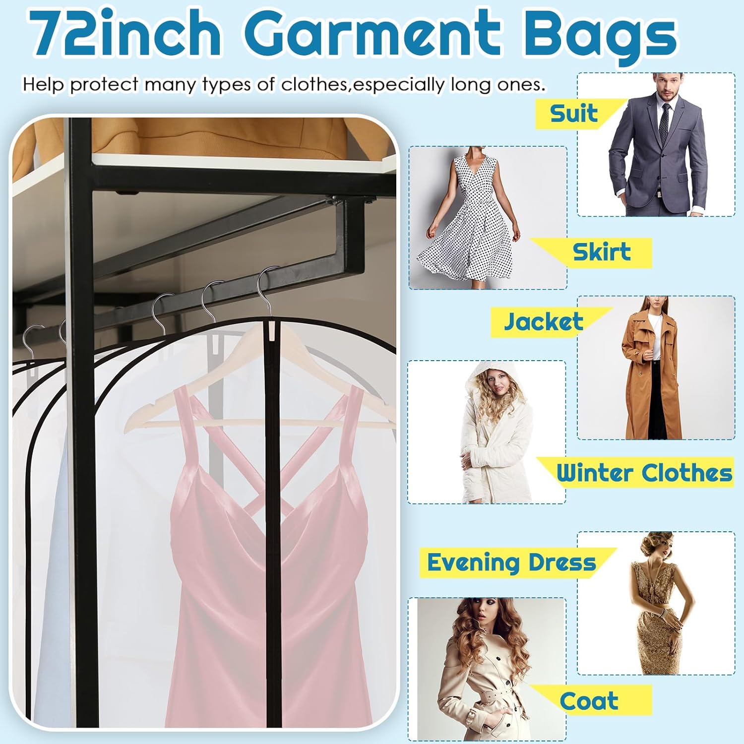 20 Pcs 24 x 72 Inch Garment Bags Bulk Hanging Clothes Storage Covers for Closet Organization Dustproof Transparent Dress Suit Bag Set Wedding Dresses Long Gowns Coats Seasonal Wardrobe White Black