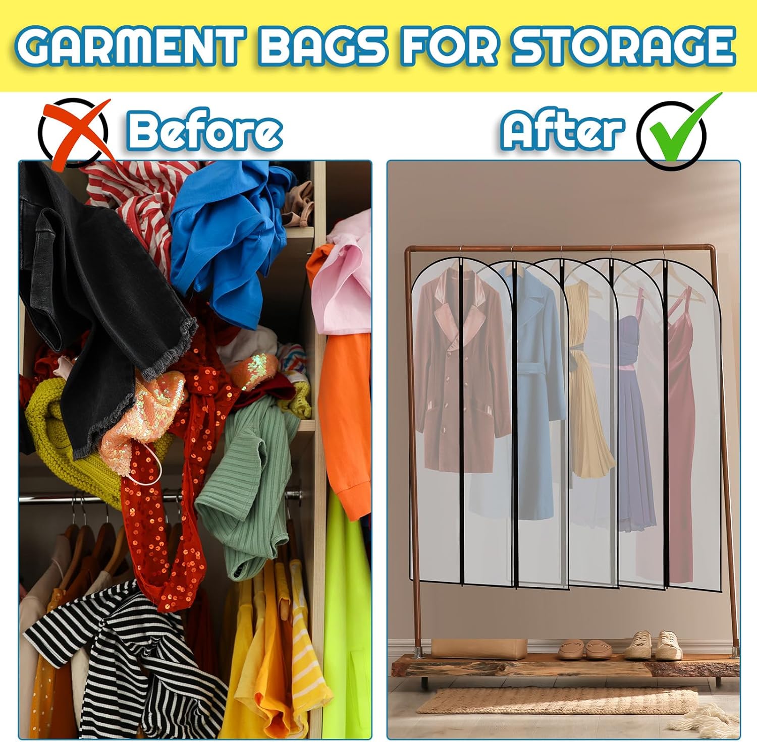 20 Pcs 24 x 72 Inch Garment Bags Bulk Hanging Clothes Storage Covers for Closet Organization Dustproof Transparent Dress Suit Bag Set Wedding Dresses Long Gowns Coats Seasonal Wardrobe White Black