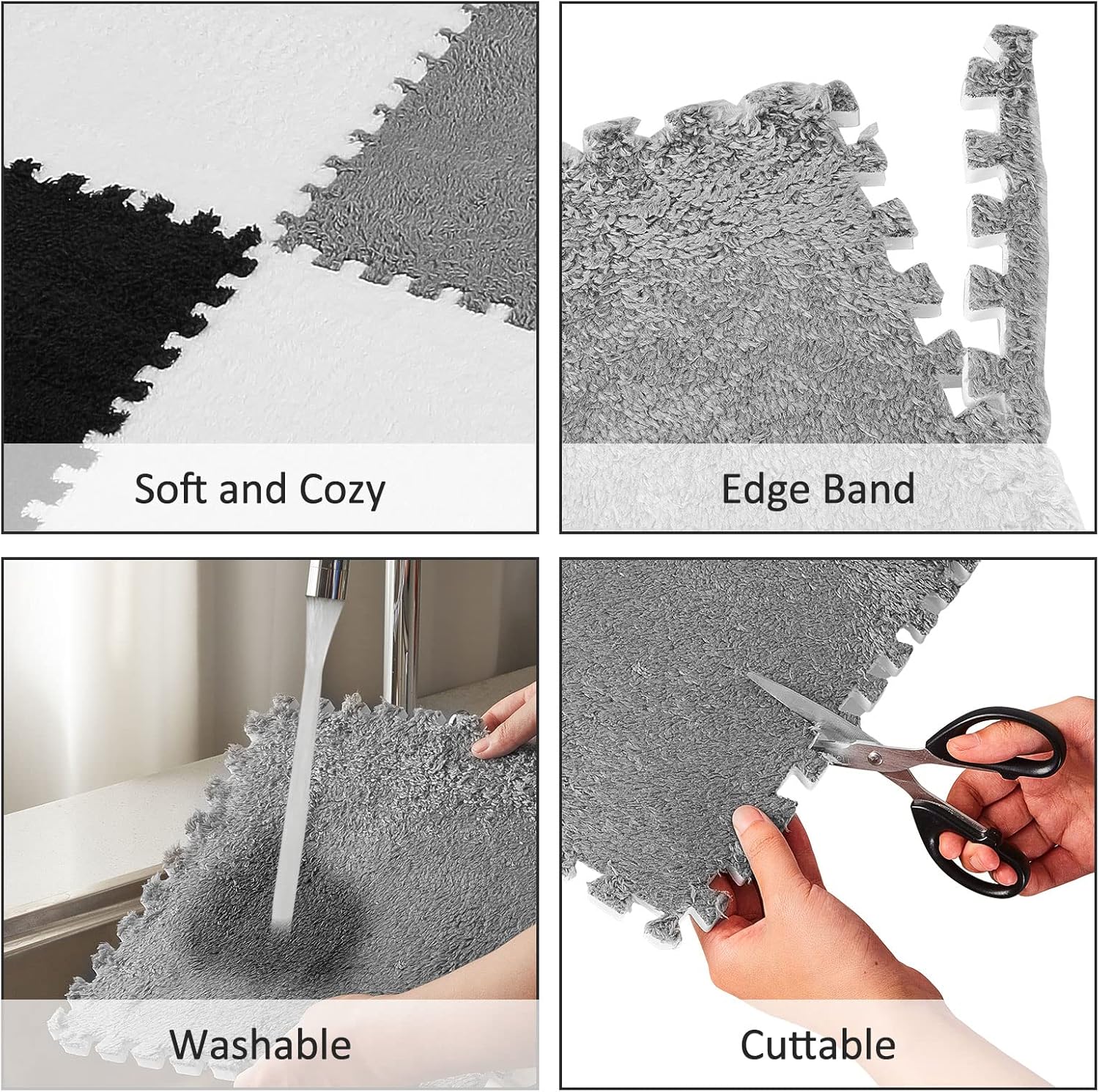 36 Pack Plush Foam Floor Mat Square Interlocking Carpet Tiles with Border Fluffy Play Soft Climbing Rugs for Bedroom Playroom, 12 x 0.4 in Black, White, Gray Black, Gray
