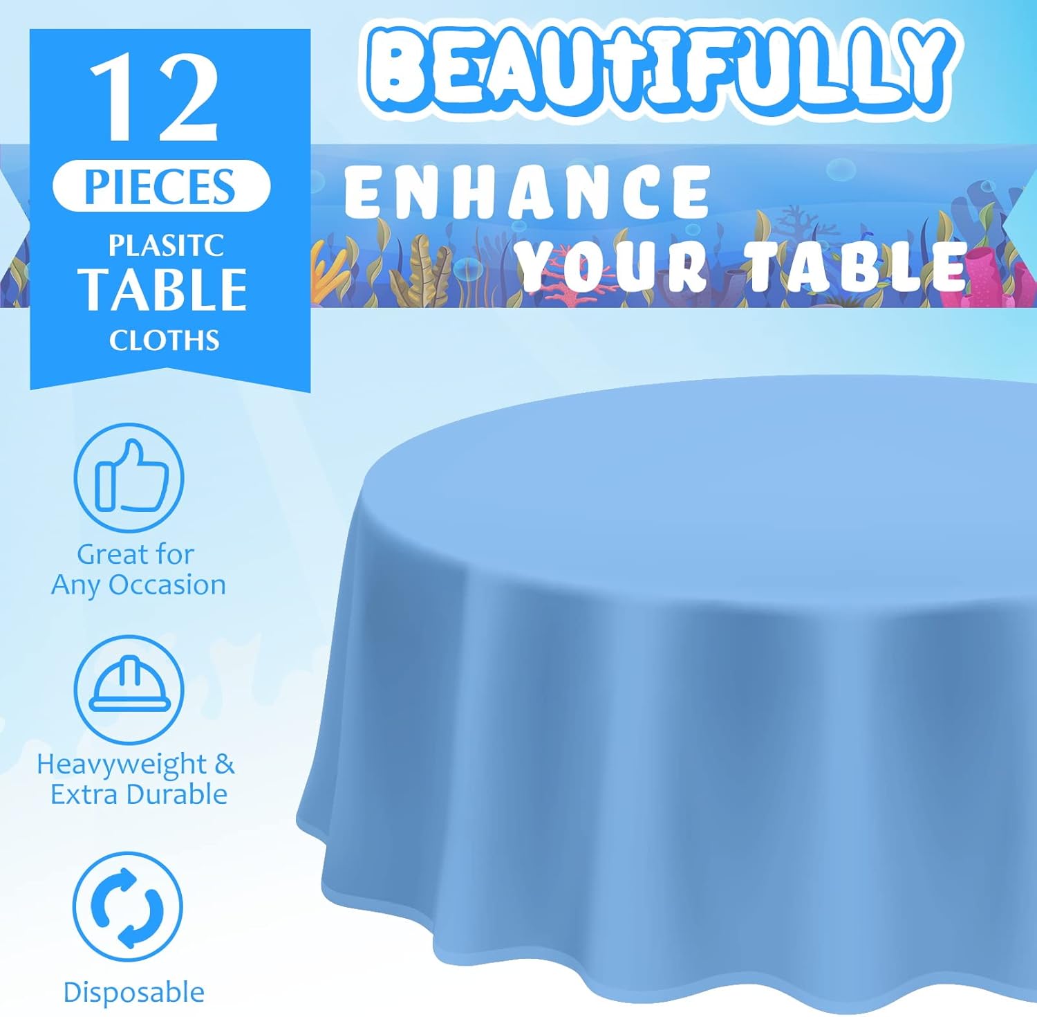 12 Pcs Ocean Theme Round Tablecloth,disposable Assorted Blue Tablecloth, Plastic Light Table Covers for Under the Sea Beach Surf Pool Party Birthday Decoration, 84" Inch