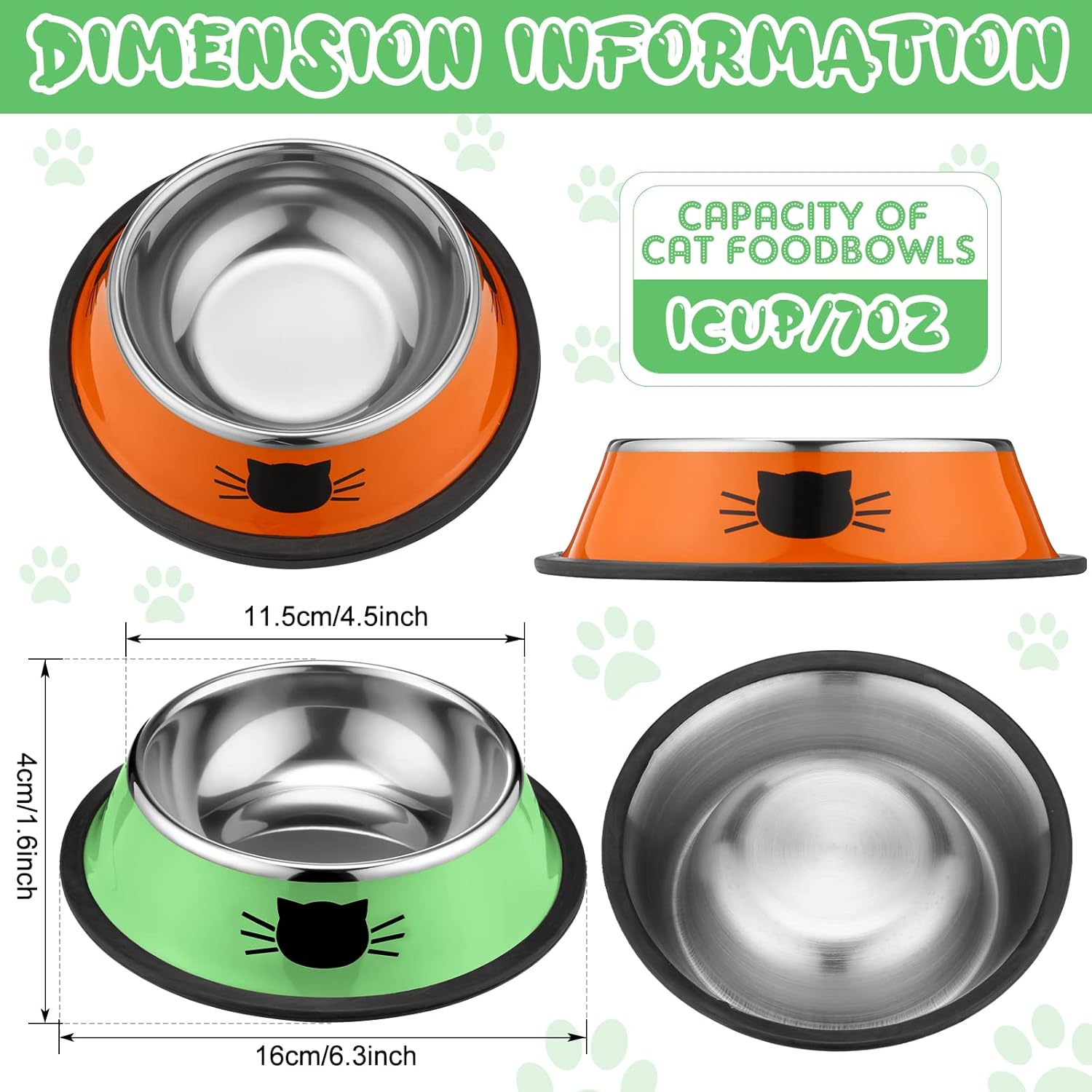 6 Pcs Cat Bowls for Food and Water Dishes Stainless Steel Pet 7 oz Anti Slip Metal Dish with Removable Rubber Base Thick Feeding Indoor Kitten Small Dog Classic Color Classic Color