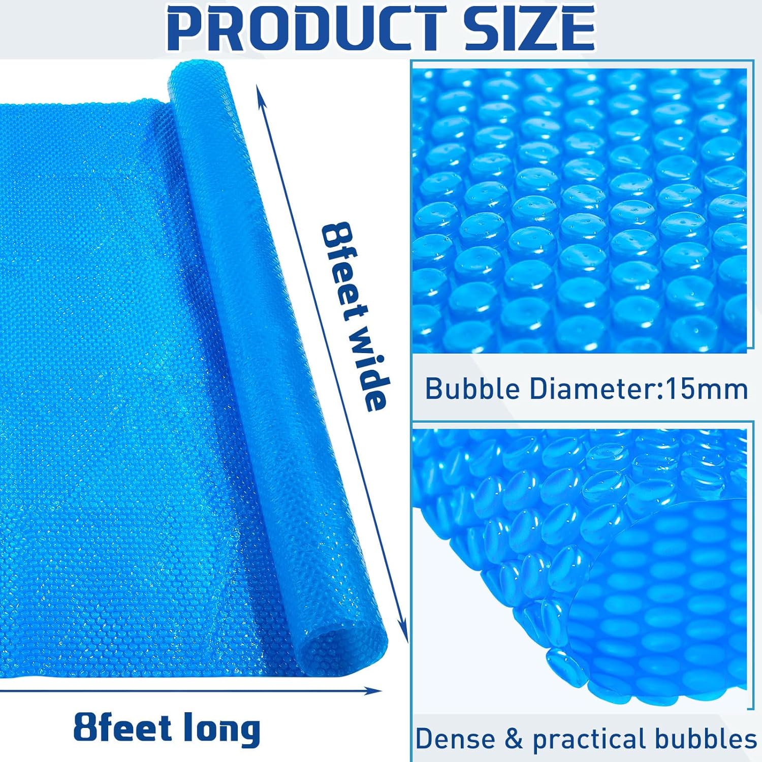 8 x ft Pool Hot Tub Solar Cover, 16 Mil Heavy Duty Trimmable Floating Thermal Blanket Spa Bubble Cover for Inground Pools Swimming Insulating Heating Feet