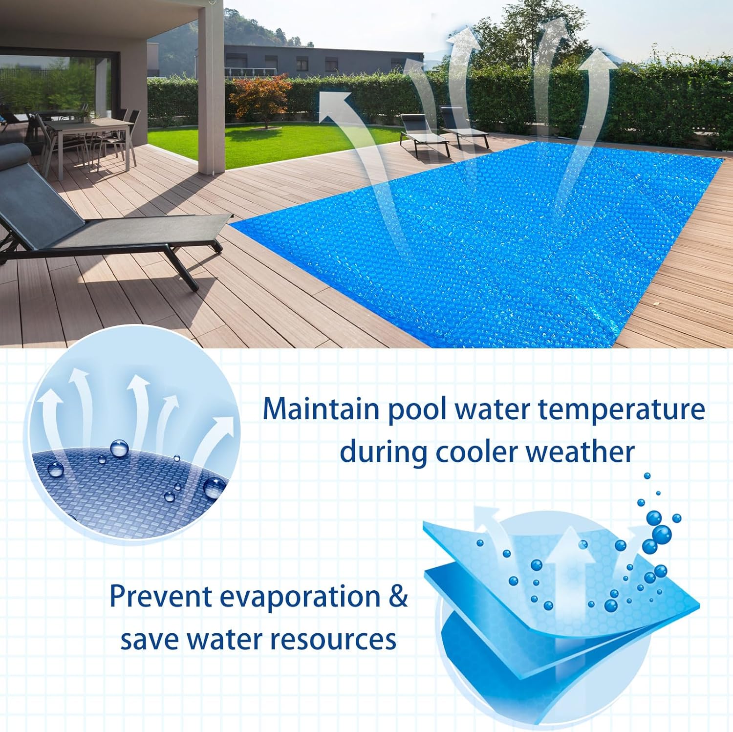 8 x ft Pool Hot Tub Solar Cover, 16 Mil Heavy Duty Trimmable Floating Thermal Blanket Spa Bubble Cover for Inground Pools Swimming Insulating Heating Feet