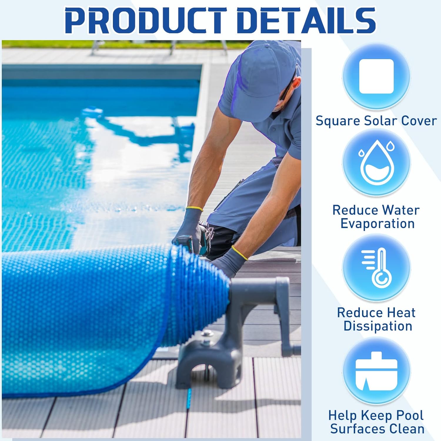 8 x ft Pool Hot Tub Solar Cover, 16 Mil Heavy Duty Trimmable Floating Thermal Blanket Spa Bubble Cover for Inground Pools Swimming Insulating Heating Feet