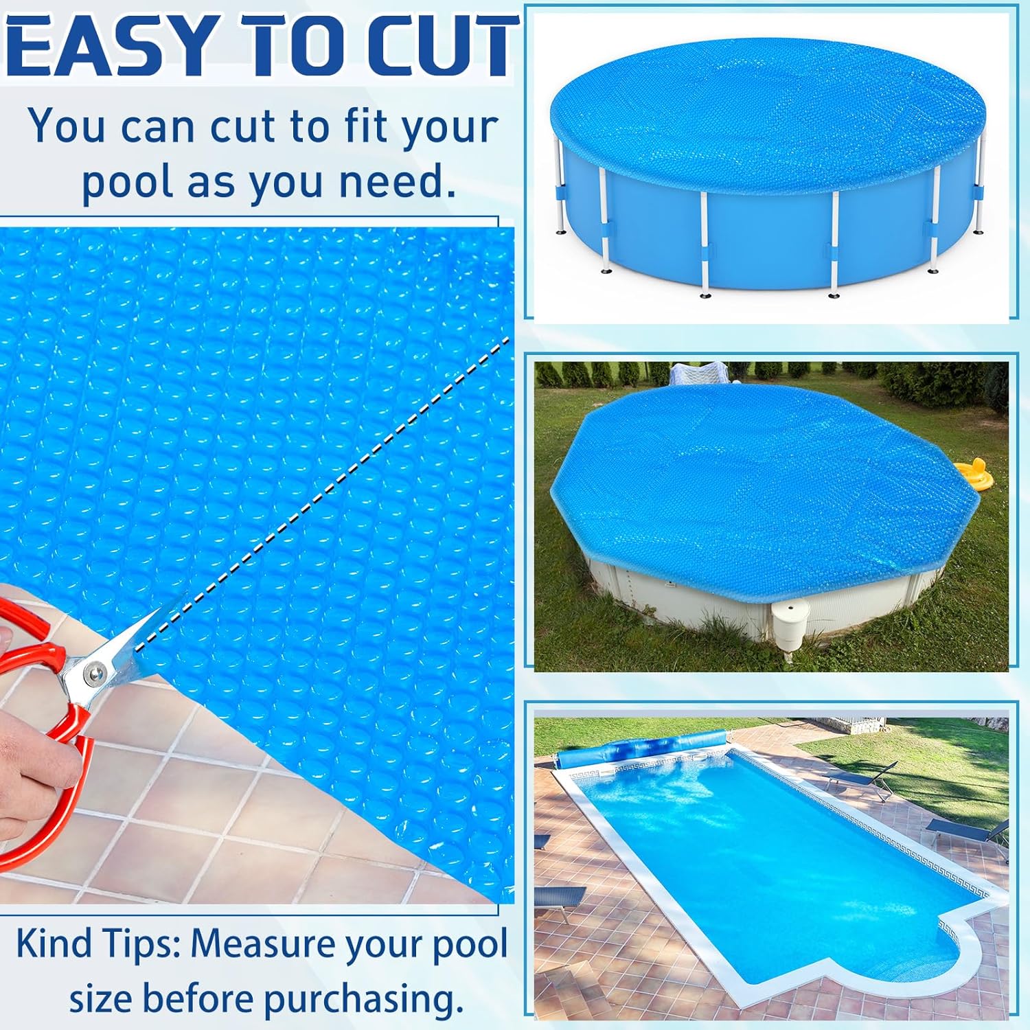 8 x ft Pool Hot Tub Solar Cover, 16 Mil Heavy Duty Trimmable Floating Thermal Blanket Spa Bubble Cover for Inground Pools Swimming Insulating Heating Feet