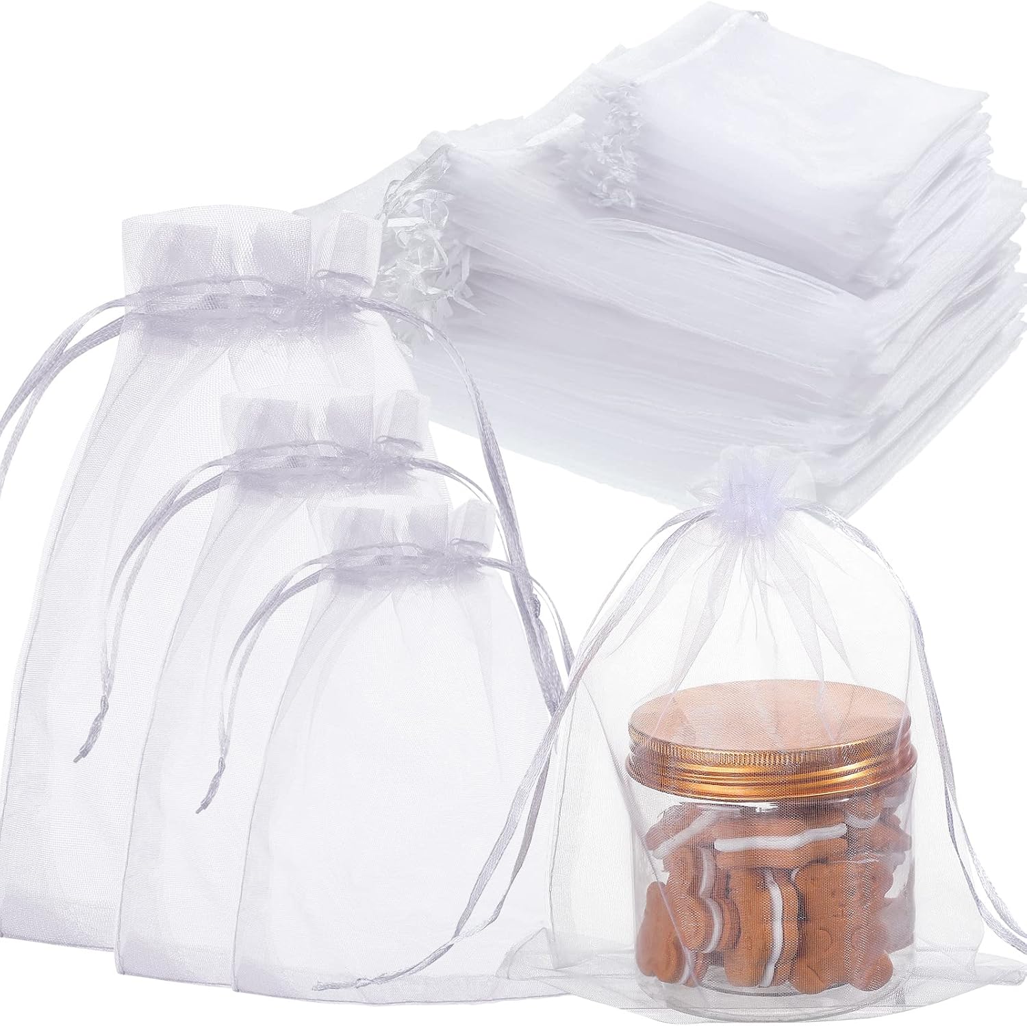 100 Pcs White Organza Bags Bulk Sheer Mesh Gift with Drawstring for Wedding Party Supplies Eid Mubarak Candy Fruit Jewelry 4 x 6 In, 7 9 8 12 In 4 In