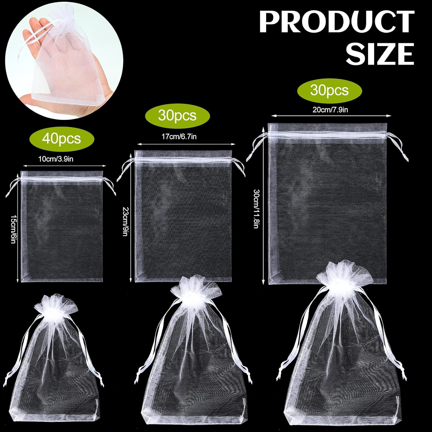 100 Pcs White Organza Bags Bulk Sheer Mesh Gift with Drawstring for Wedding Party Supplies Eid Mubarak Candy Fruit Jewelry 4 x 6 In, 7 9 8 12 In 4 In