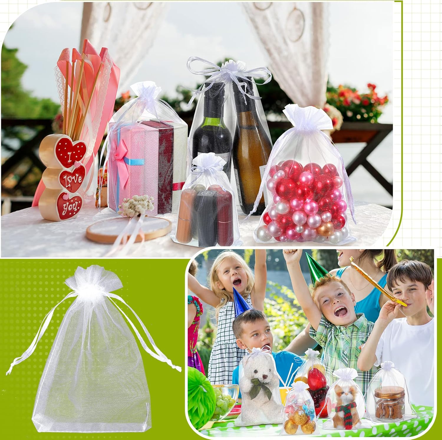 100 Pcs White Organza Bags Bulk Sheer Mesh Gift with Drawstring for Wedding Party Supplies Eid Mubarak Candy Fruit Jewelry 4 x 6 In, 7 9 8 12 In 4 In