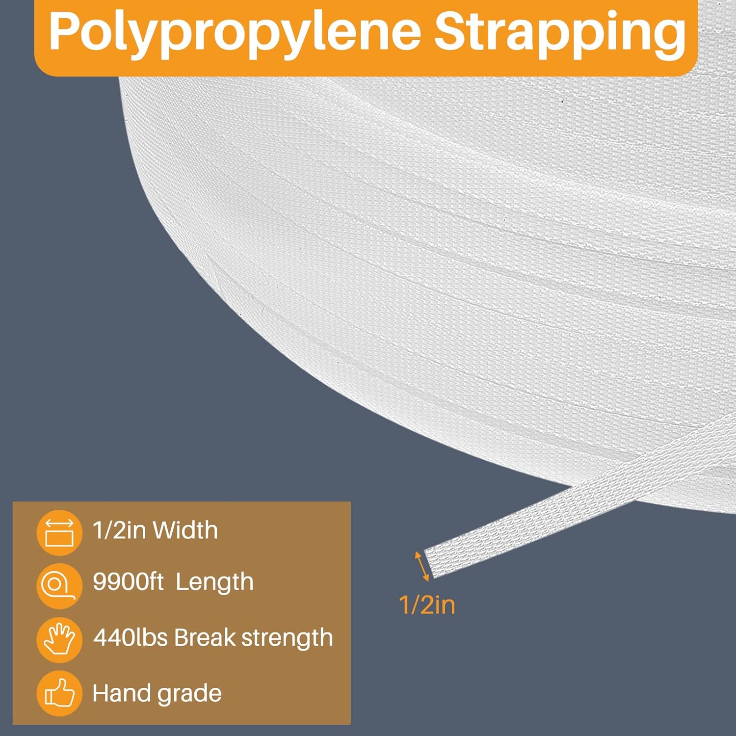 1/2 Inch Strapping, Polypropylene PP Heavy Duty Poly Packaging Strapping Roll 440 Lbs Break Strength for Banding Packing Industrial Machine 9900 ft,White White 9900 ft
