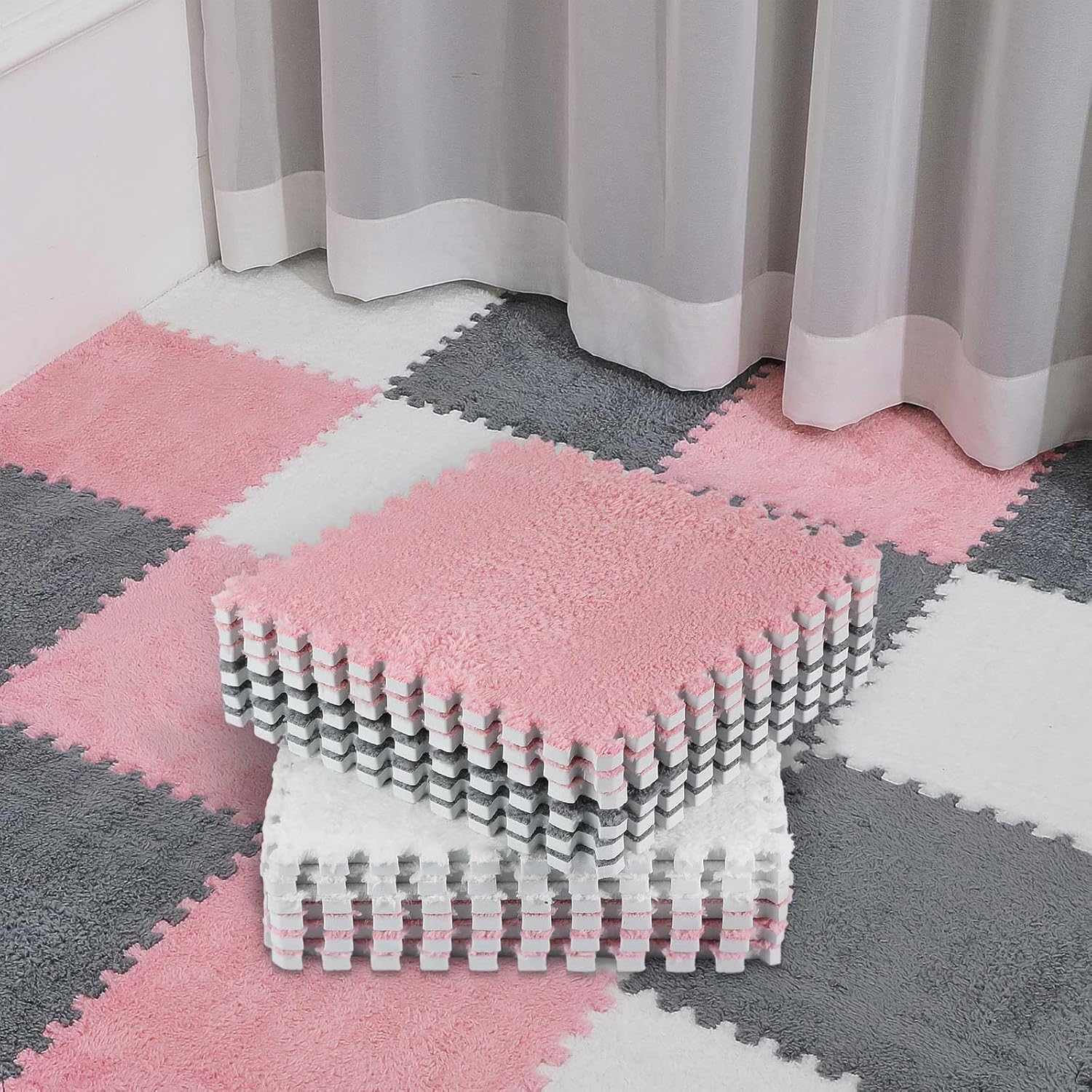 72 Pieces Plush Foam Floor Mat Square Interlocking Carpet Tiles with Border 12 x 0.4 in Fluffy Play Soft Climbing Area Rugs for Home Playroom White, Gray, Pink White, Pink
