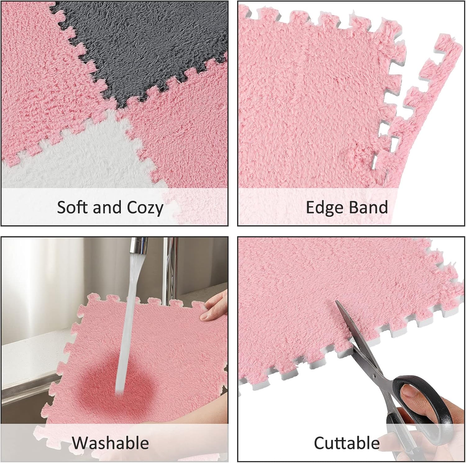 72 Pieces Plush Foam Floor Mat Square Interlocking Carpet Tiles with Border 12 x 0.4 in Fluffy Play Soft Climbing Area Rugs for Home Playroom White, Gray, Pink White, Pink