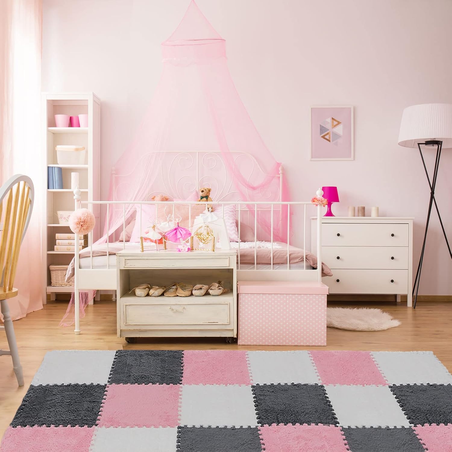 72 Pieces Plush Foam Floor Mat Square Interlocking Carpet Tiles with Border 12 x 0.4 in Fluffy Play Soft Climbing Area Rugs for Home Playroom White, Gray, Pink White, Pink