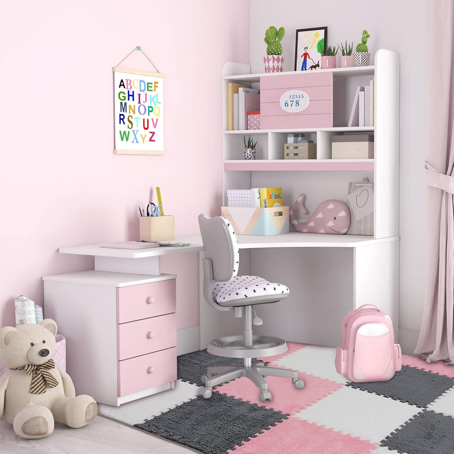 72 Pieces Plush Foam Floor Mat Square Interlocking Carpet Tiles with Border 12 x 0.4 in Fluffy Play Soft Climbing Area Rugs for Home Playroom White, Gray, Pink White, Pink