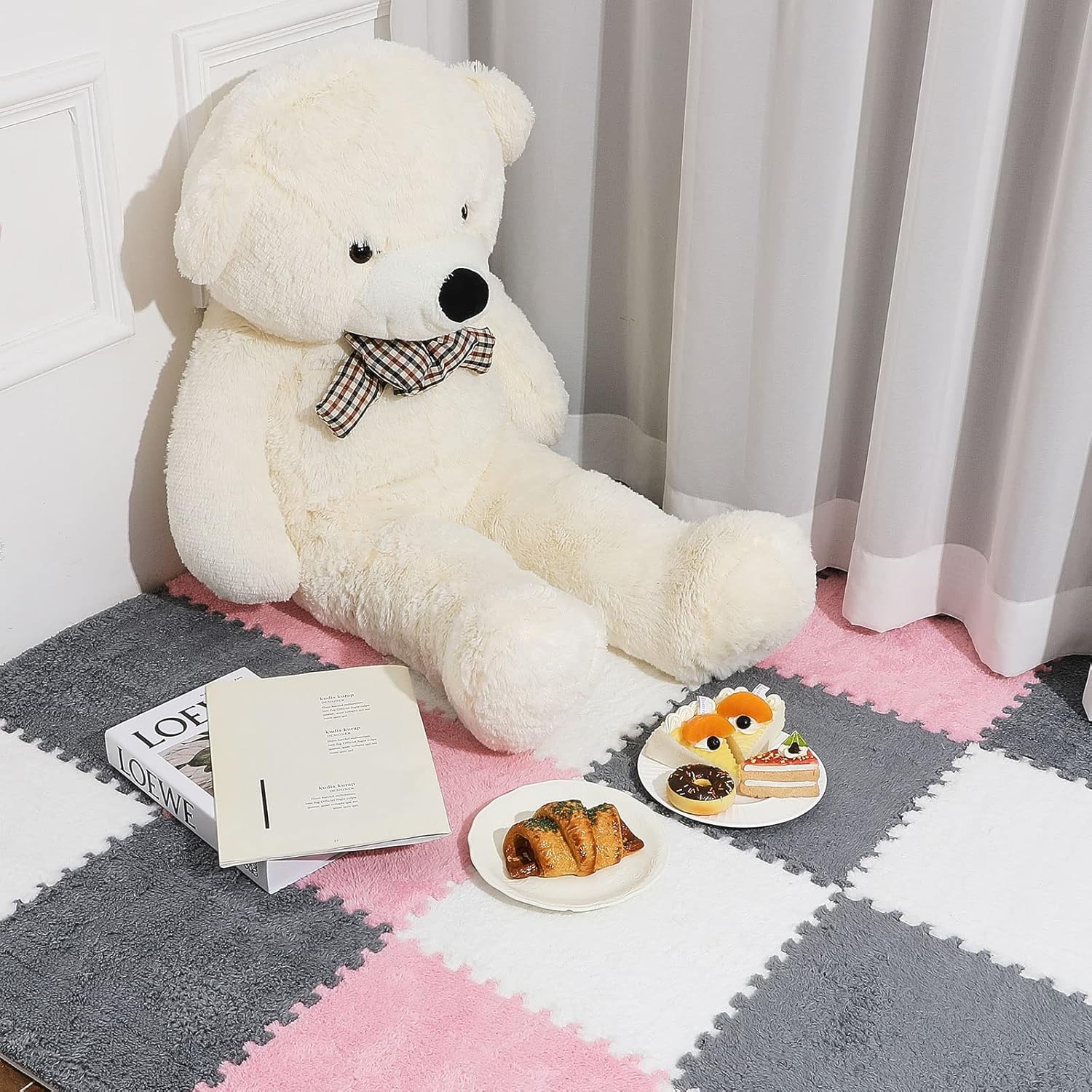72 Pieces Plush Foam Floor Mat Square Interlocking Carpet Tiles with Border 12 x 0.4 in Fluffy Play Soft Climbing Area Rugs for Home Playroom White, Gray, Pink White, Pink