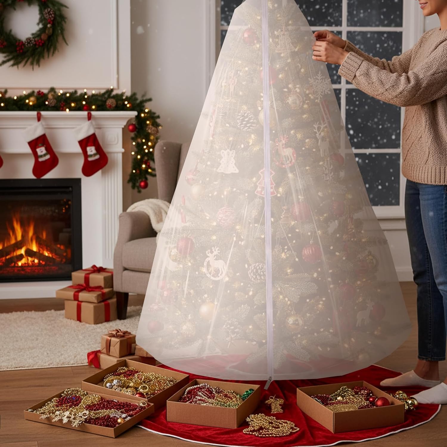 9.84 ft Upright Christmas Tree Storage Bag White Extra Large Jumbo Removal Disposal with Zipper Drawstring Waterproof Tear Proof Cover for Xmas Daily Home