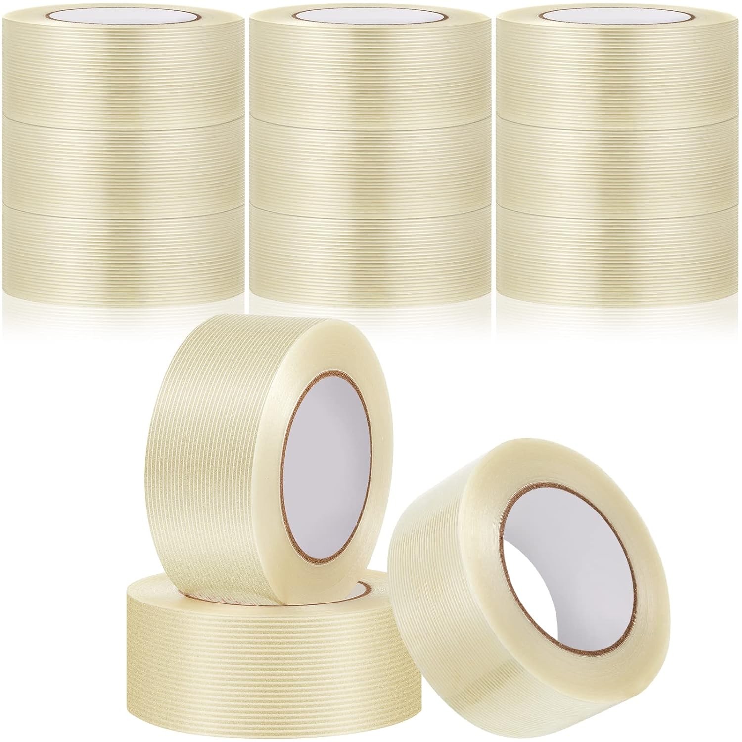 12 Rolls Filament Strapping Tape 5.7 Mil Heavy Duty Transparent Reinforced Fiberglass for Packaging Sealing Binding Fixing Supplies 2 Inch x 55 Yard 2 Yard