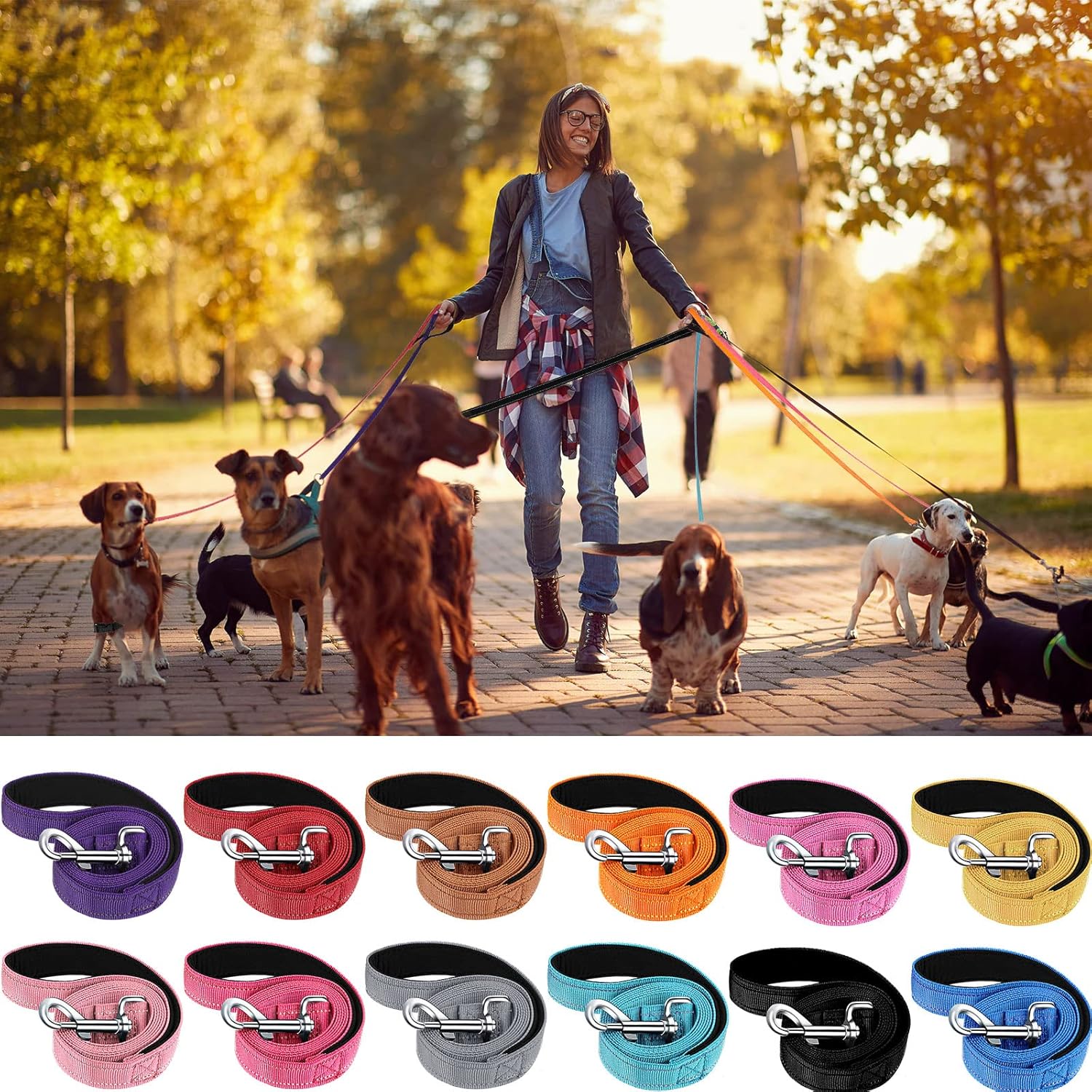 12 Pack Dog Leash Bulk, Double Sided Reflective, Nylon Leashes with Padded Handle for Small, Medium, and Large Dogs, 5 Feet Long, Puppy Walking Training