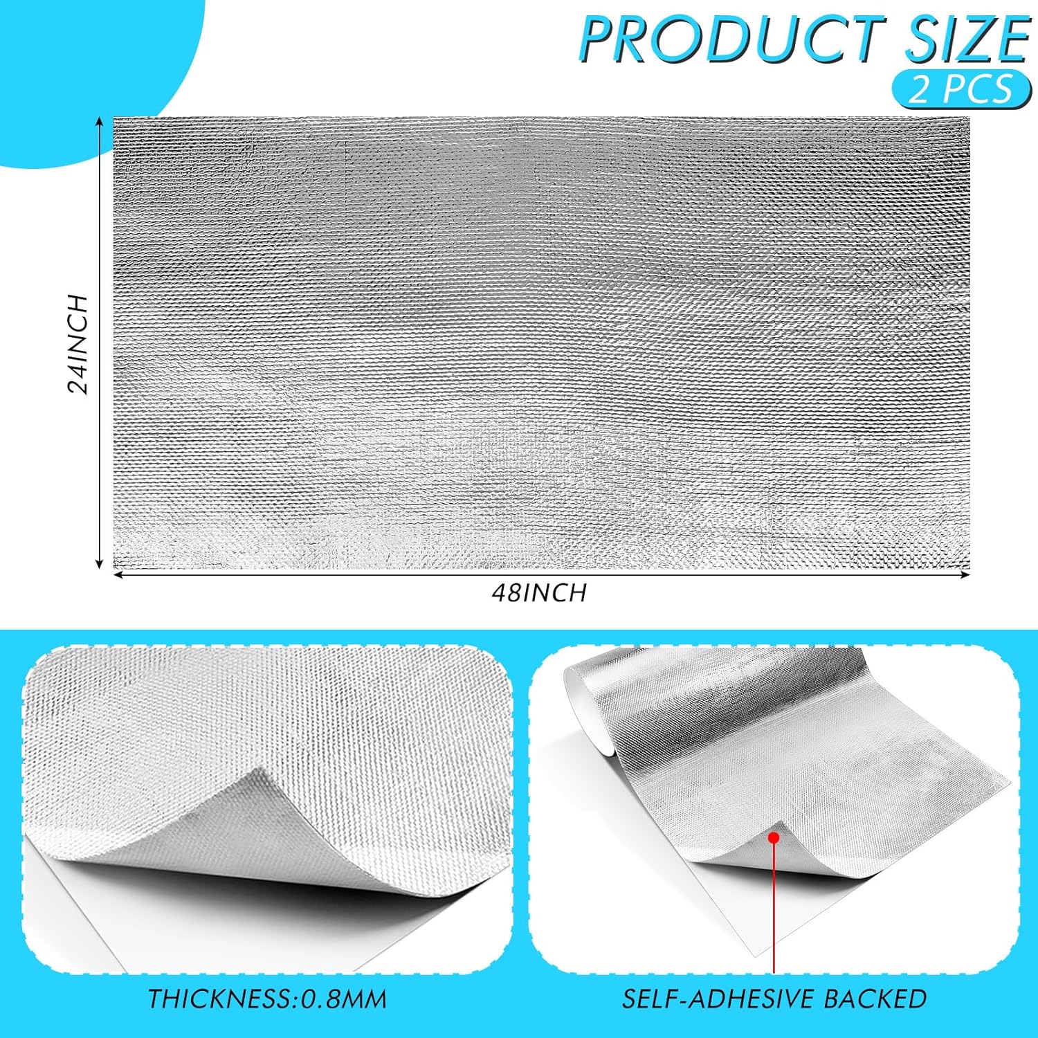 2 Pcs 24'' x 48'' Aluminized Heat Shield Thermal Barrier Adhesive Backed Blanket Wrap Fiberglass Insulation Reflective Material High Temp Protection for Exhaust Wood Fireplace Stove