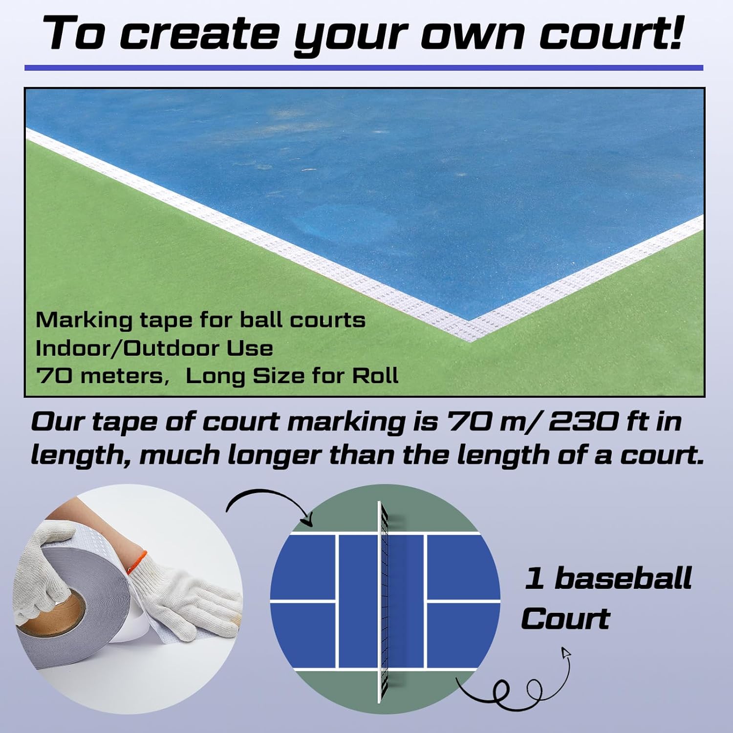 230 Ft Driveway Basketball Tape Outdoor Court Adhesive Marking Lines for Tennis Badminton Parking Floor Pavement Indoor, 2 in Wide White, PVC White