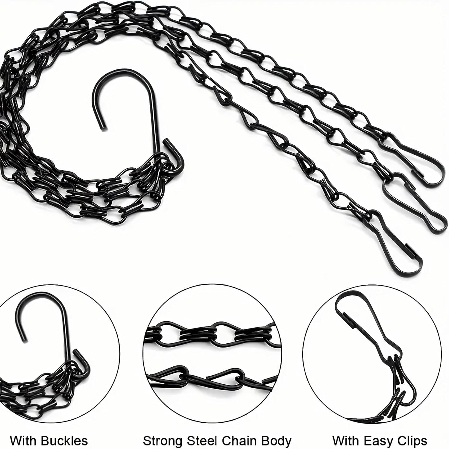 Hanging Basket Chain, 3 Sets Plant Hanger Metal Chains with Clips for Flower Pots, Planters, Bird Cage, Lanterns Black Clips