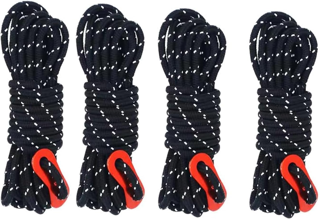 4Pack Duty Camping Rope - 4mm Outdoor Reflective Guy Lines with Tensioner Adjuster Strong Nylon Cord for Tent Tarp, Canopy Shelter, Camping, Hiking, Backpacking Black