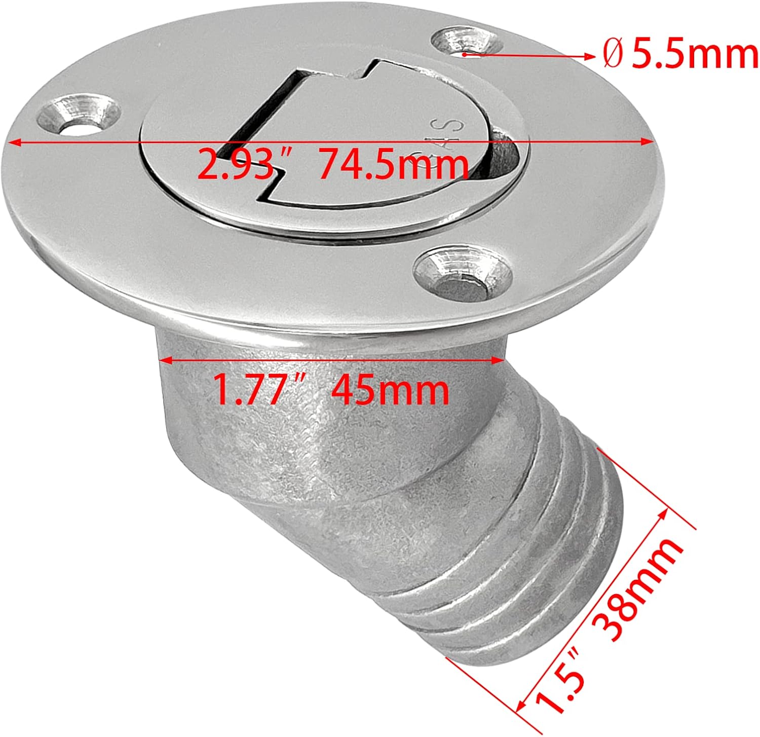 1-1/2" 38mm Boat Gas Deck Fill/Filler with Keyless Cap Screws, Marine Mirror Polished 316 Stainless Steel Hardware Angled Neck for Yacht Caravan