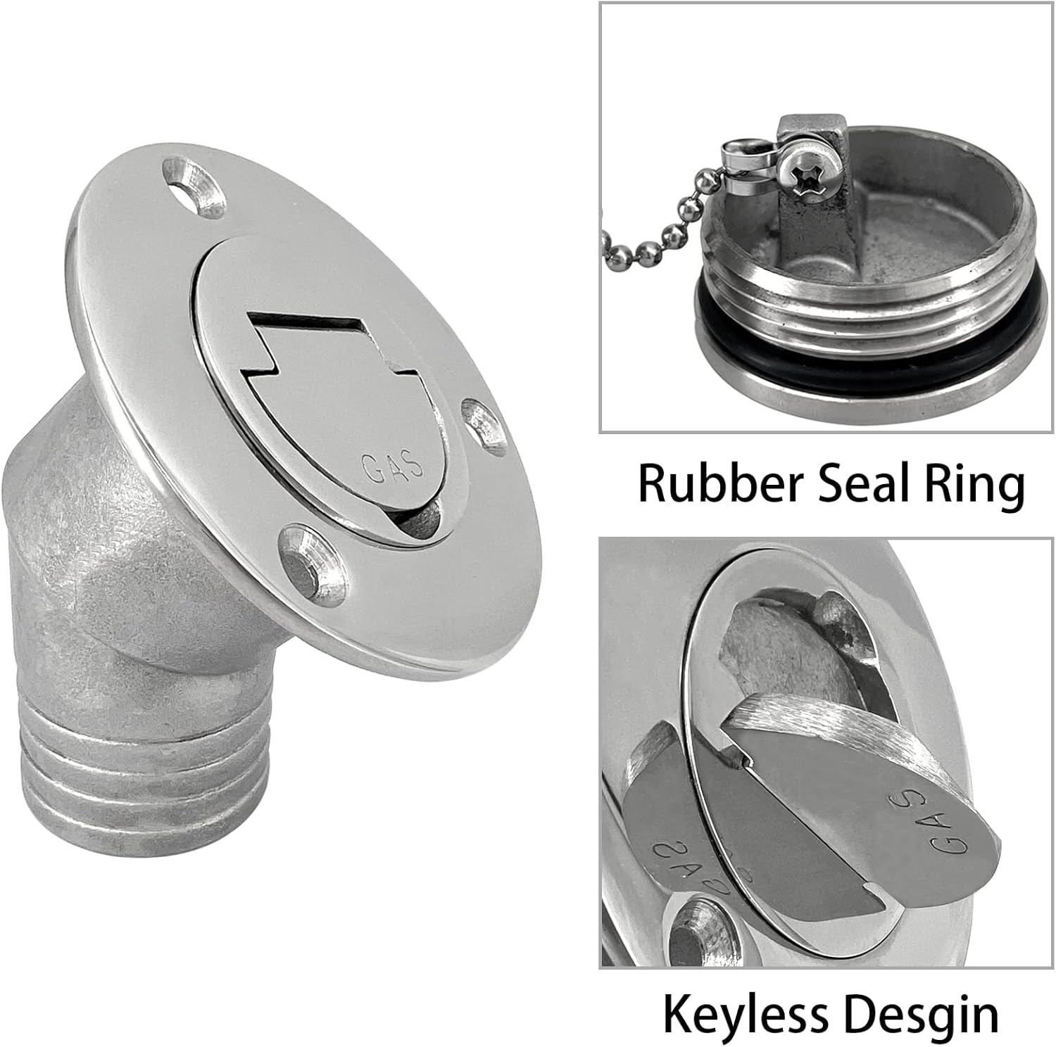 1-1/2" 38mm Boat Gas Deck Fill/Filler with Keyless Cap Screws, Marine Mirror Polished 316 Stainless Steel Hardware Angled Neck for Yacht Caravan