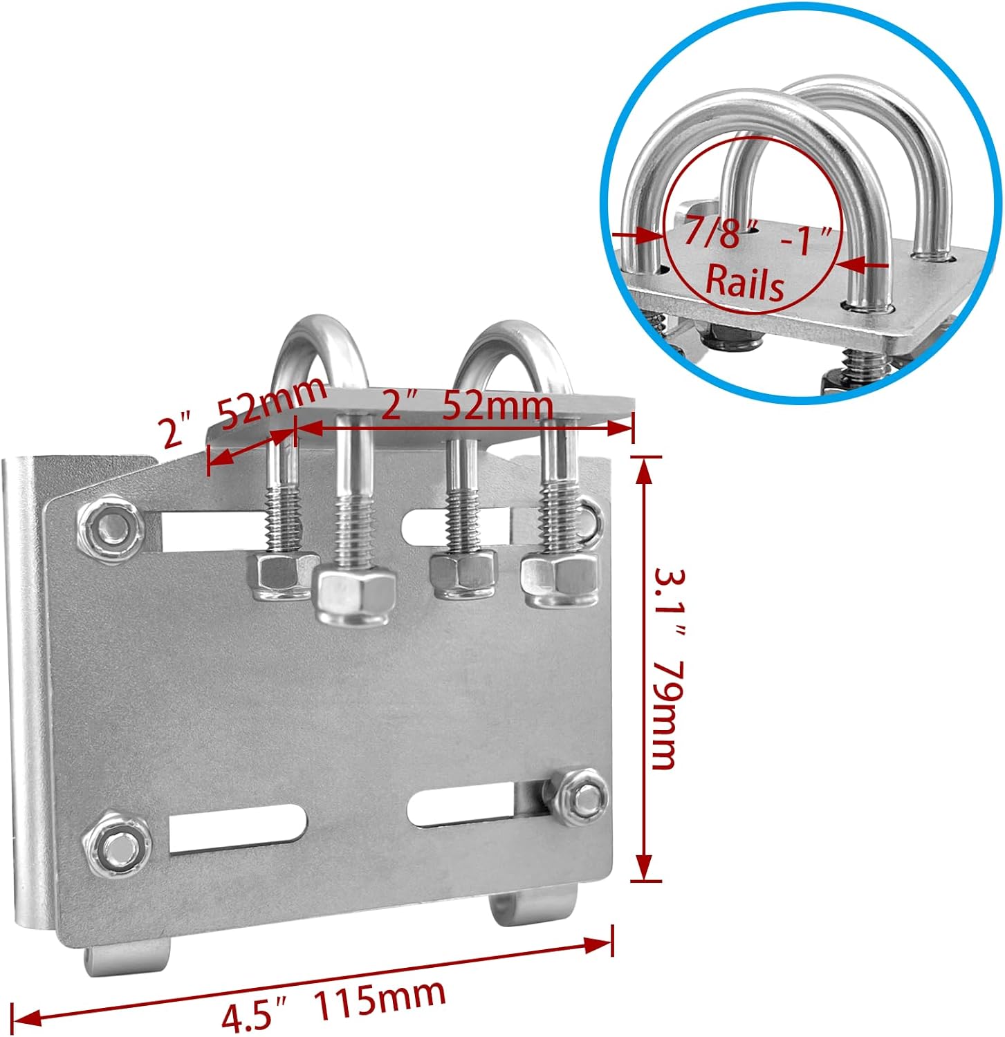 Stainless Steel Horizontal Stanchion Rail Mount Anchor Bracket, Fluke Bracket Rugged Durable High Hardness Fits 7/8" to 1" Rails for Boats Yachts Ships