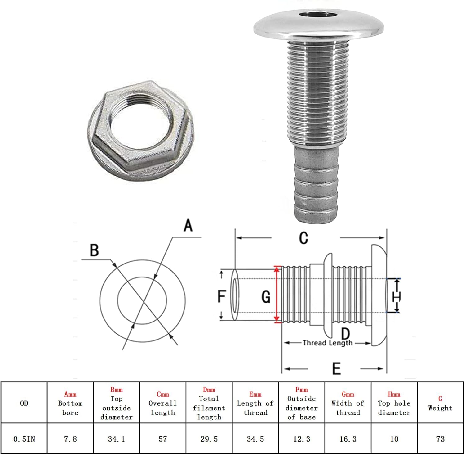 1/2" Stainless Steel Thru-Hull ，Barbed Standard Length Straight Fitting Boat Barbed Hose Thru Drain Connector