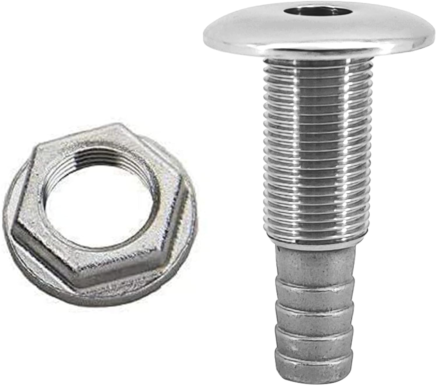 1/2" Stainless Steel Thru-Hull ，Barbed Standard Length Straight Fitting Boat Barbed Hose Thru Drain Connector