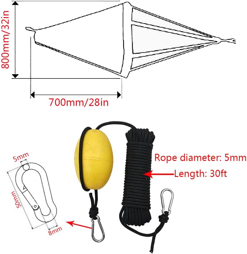 Sea Anchor Drift Sock 18"/32" Parachute Fishing Drogue for Marine Boat 32 in For15-20 ft