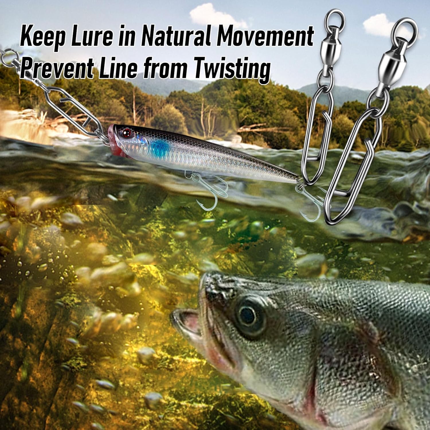 30-Pack Fishing Speed Clips Quick Change Snap Swivels, Ball Bearing Swivel Power Swivels Freshwater Saltwater Crankbait Popper Lures Snaps Connectors Tackle Size 0+S 33LB 30pcs