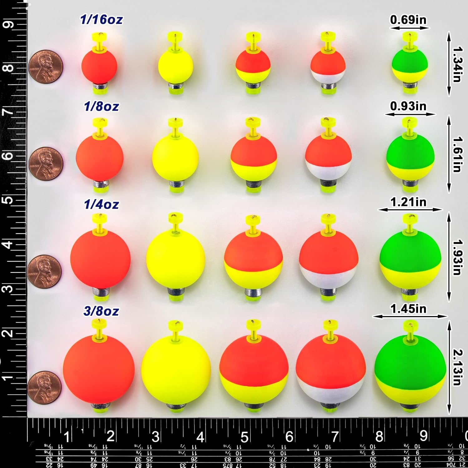 15-Pack Fishing Bobbers Floats, Weighted for Ball EVA Foam Snap-on Floats Corks Floaters Buoys Crappie Bass Panfish Bluegills Trout #S-0.93in-1/8oz