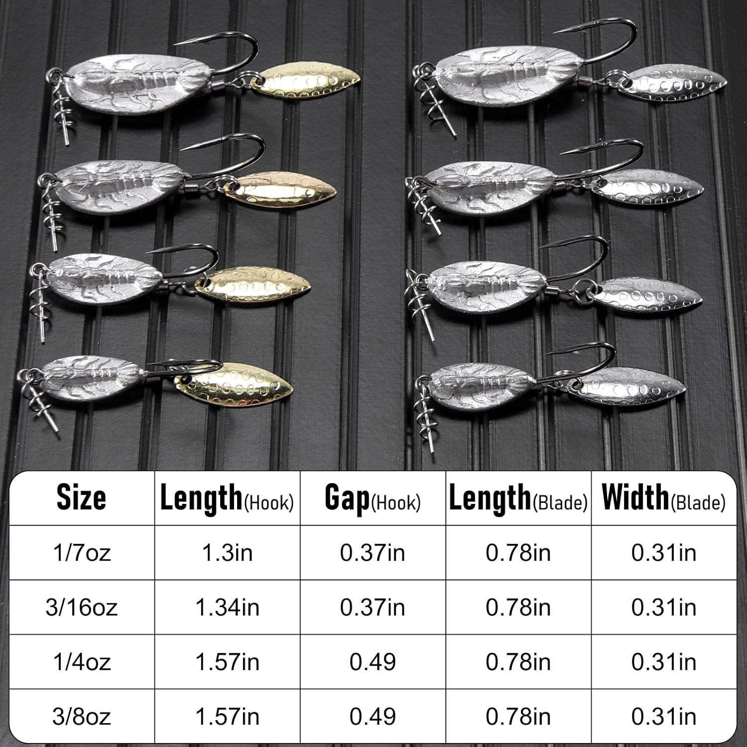 5-Pack Weighted Swimbait Hooks with Underspin, Pin Spring Fishing Hook Willow Spinner Blades Silver Gold, 1/7-3/8oz Bass Swivels Spinnerbait Weedless for Soft Lures 1/7oz