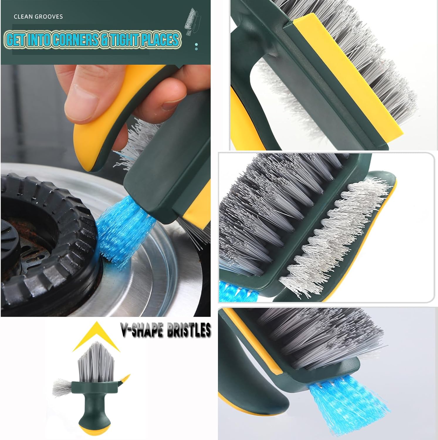 4-in-1 Grout Brush with Squeegee,Durable Bristles,Heavy-Duty Scrub Brushes for Cleaning Stiff Bristles Bathroom & Kitchen,Tile Floors Wall/Corner/Window Green Green