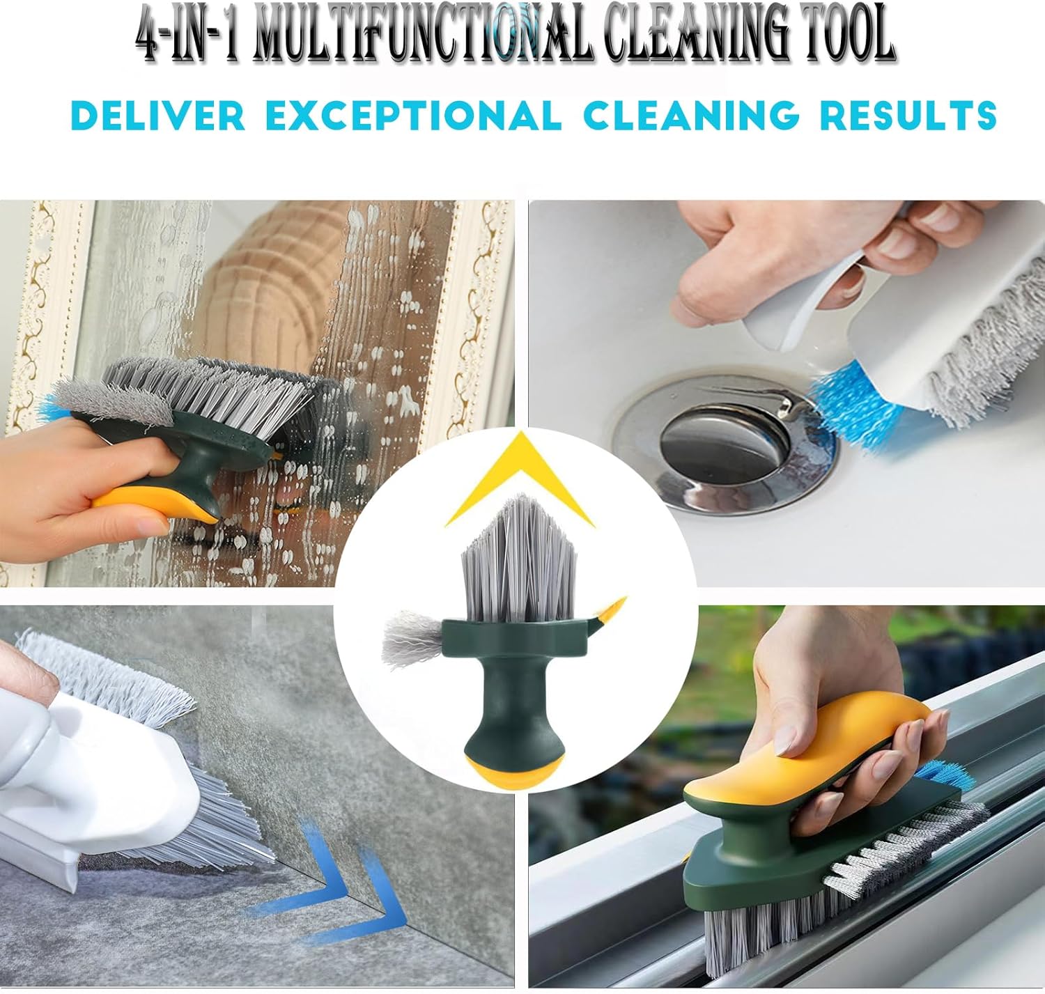 4-in-1 Grout Brush with Squeegee,Durable Bristles,Heavy-Duty Scrub Brushes for Cleaning Stiff Bristles Bathroom & Kitchen,Tile Floors Wall/Corner/Window Green Green