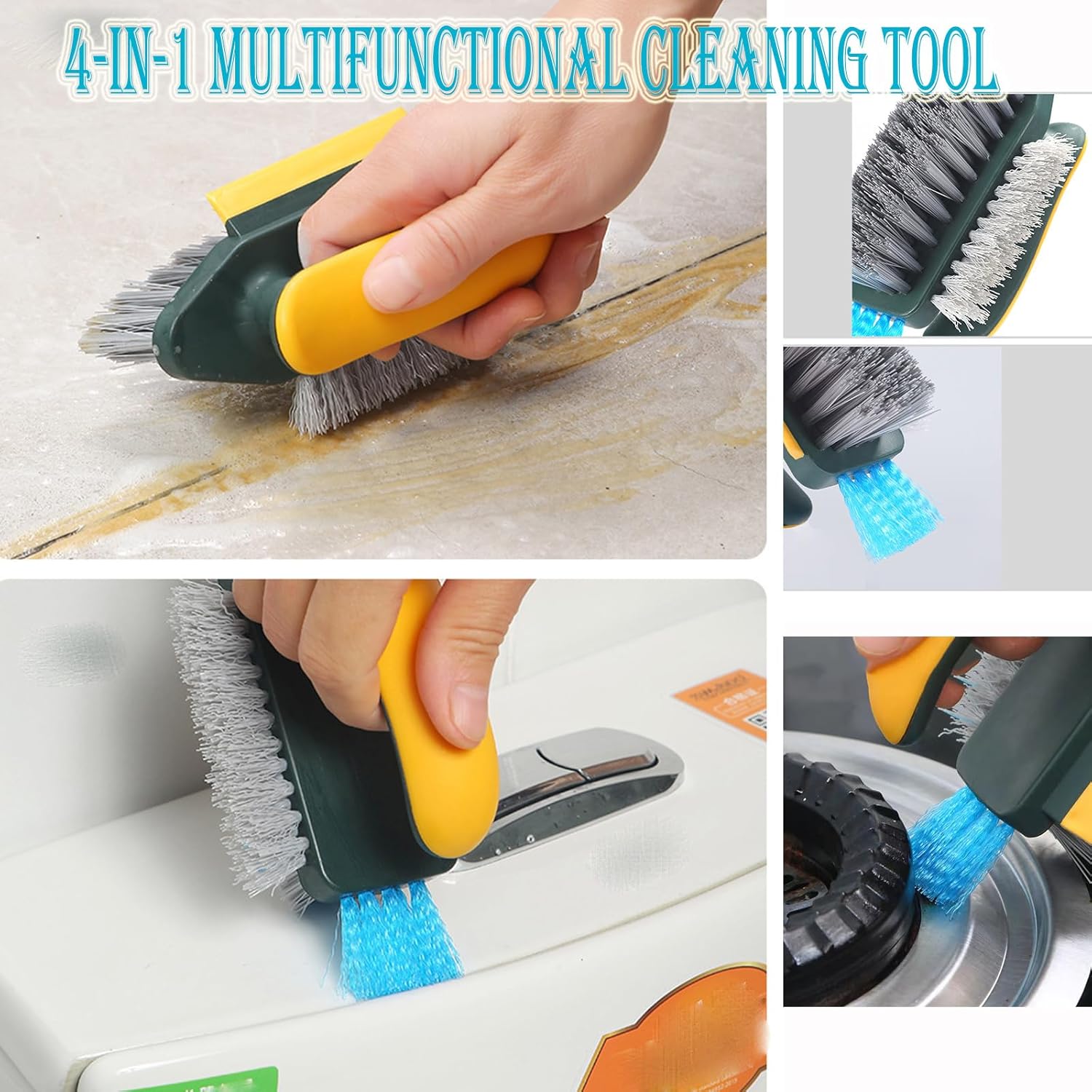 4-in-1 Grout Brush with Squeegee,Durable Bristles,Heavy-Duty Scrub Brushes for Cleaning Stiff Bristles Bathroom & Kitchen,Tile Floors Wall/Corner/Window Green Green