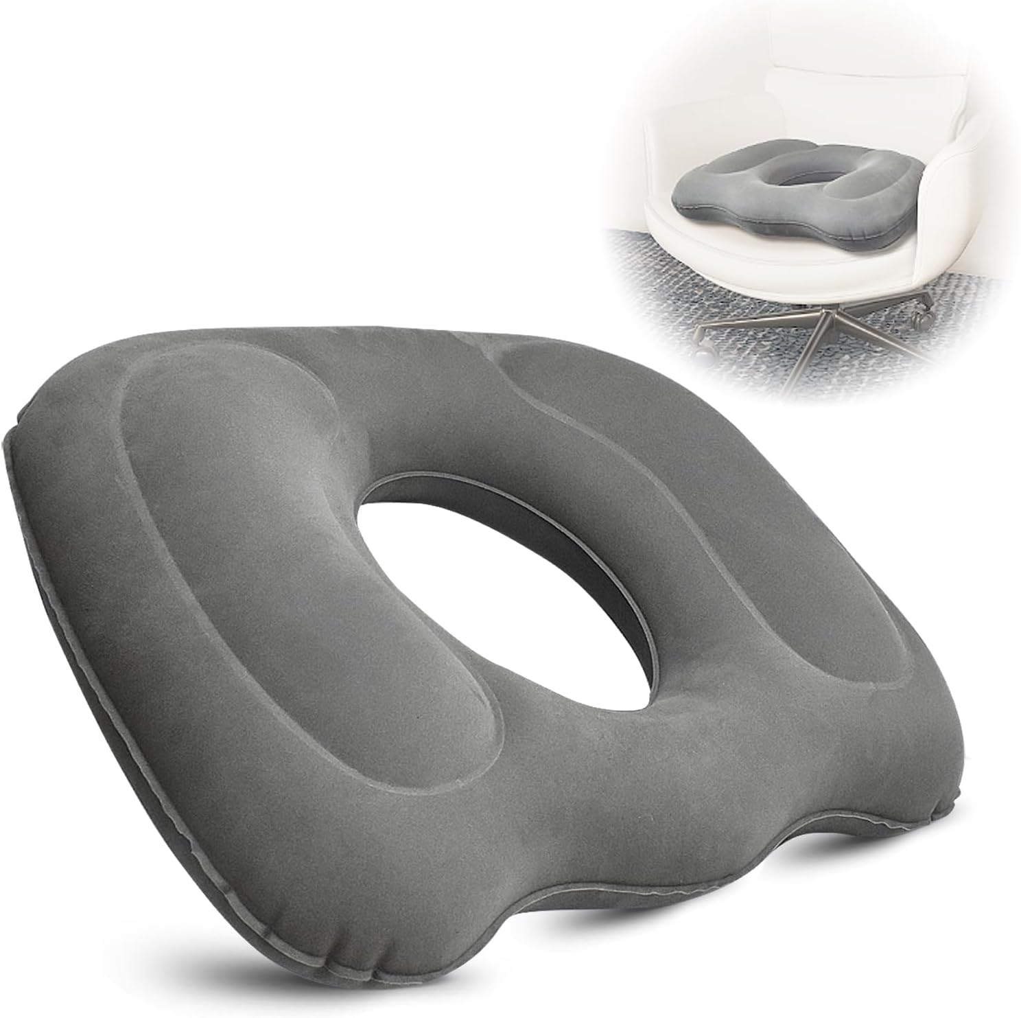 Petluno Inflatable Donut Cushion for Tailbone Pain Relief - Orthopedic Hemorrhoid & Sciatica Seat Cushion - Coccyx Cushion for Postpartum, Pregnancy, Office Chair, Car, Wheelchair & Post-Surgical Recovery Grey