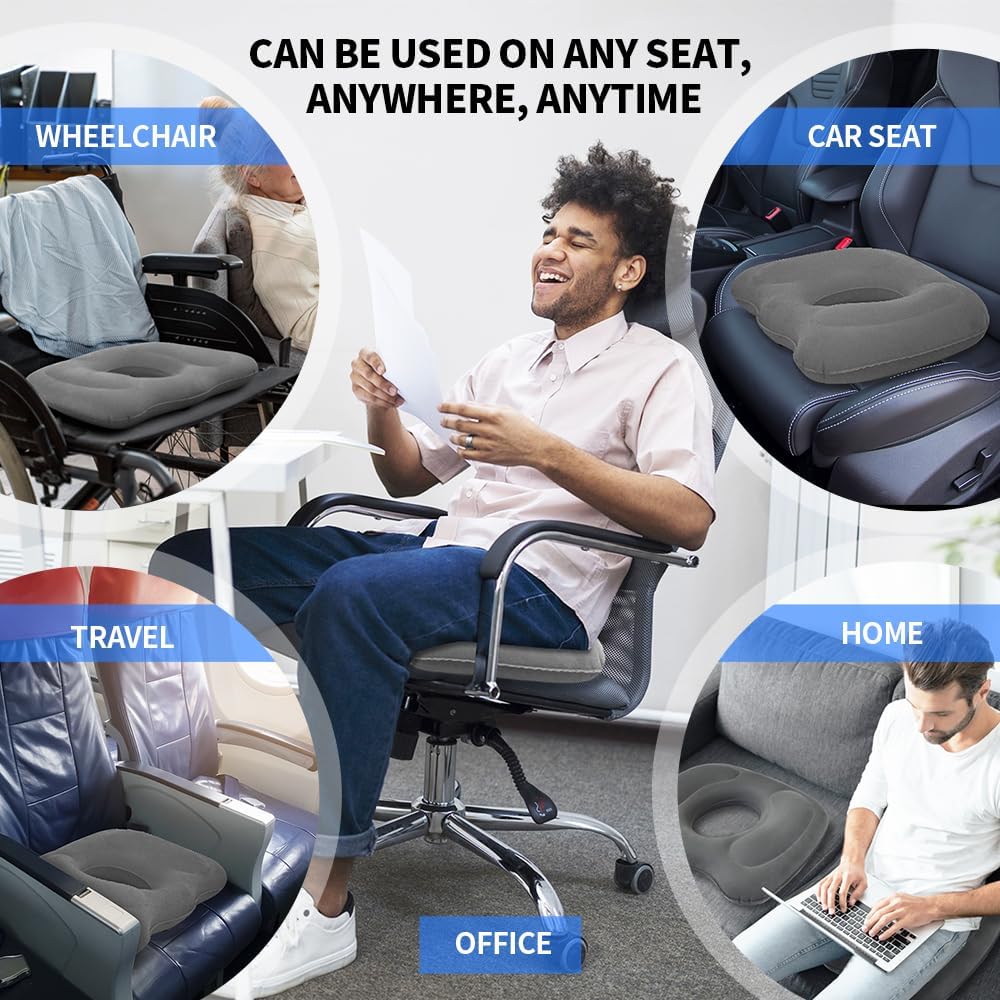 Petluno Inflatable Donut Cushion for Tailbone Pain Relief - Orthopedic Hemorrhoid & Sciatica Seat Cushion - Coccyx Cushion for Postpartum, Pregnancy, Office Chair, Car, Wheelchair & Post-Surgical Recovery Grey