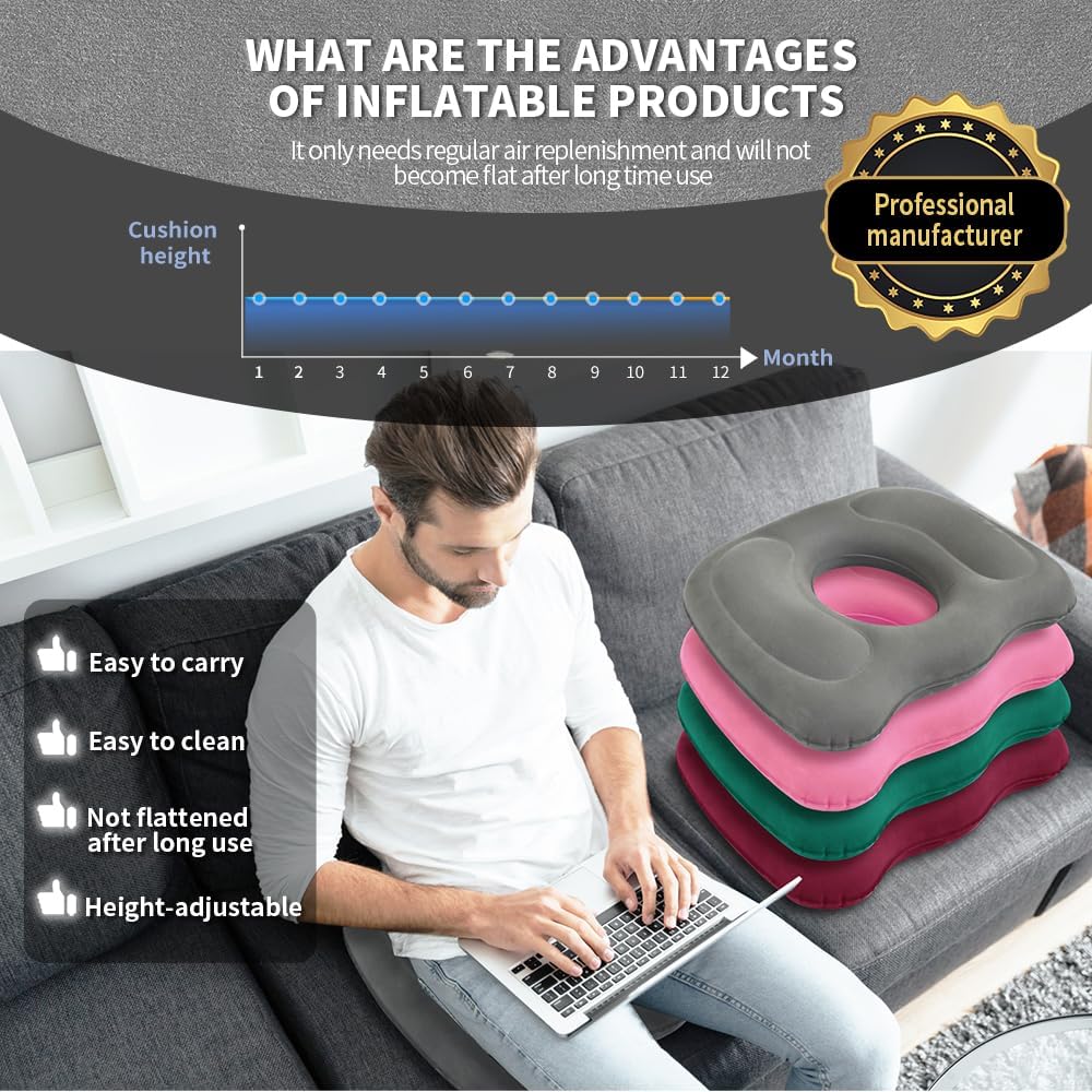 Petluno Inflatable Donut Cushion for Tailbone Pain Relief - Orthopedic Hemorrhoid & Sciatica Seat Cushion - Coccyx Cushion for Postpartum, Pregnancy, Office Chair, Car, Wheelchair & Post-Surgical Recovery Grey